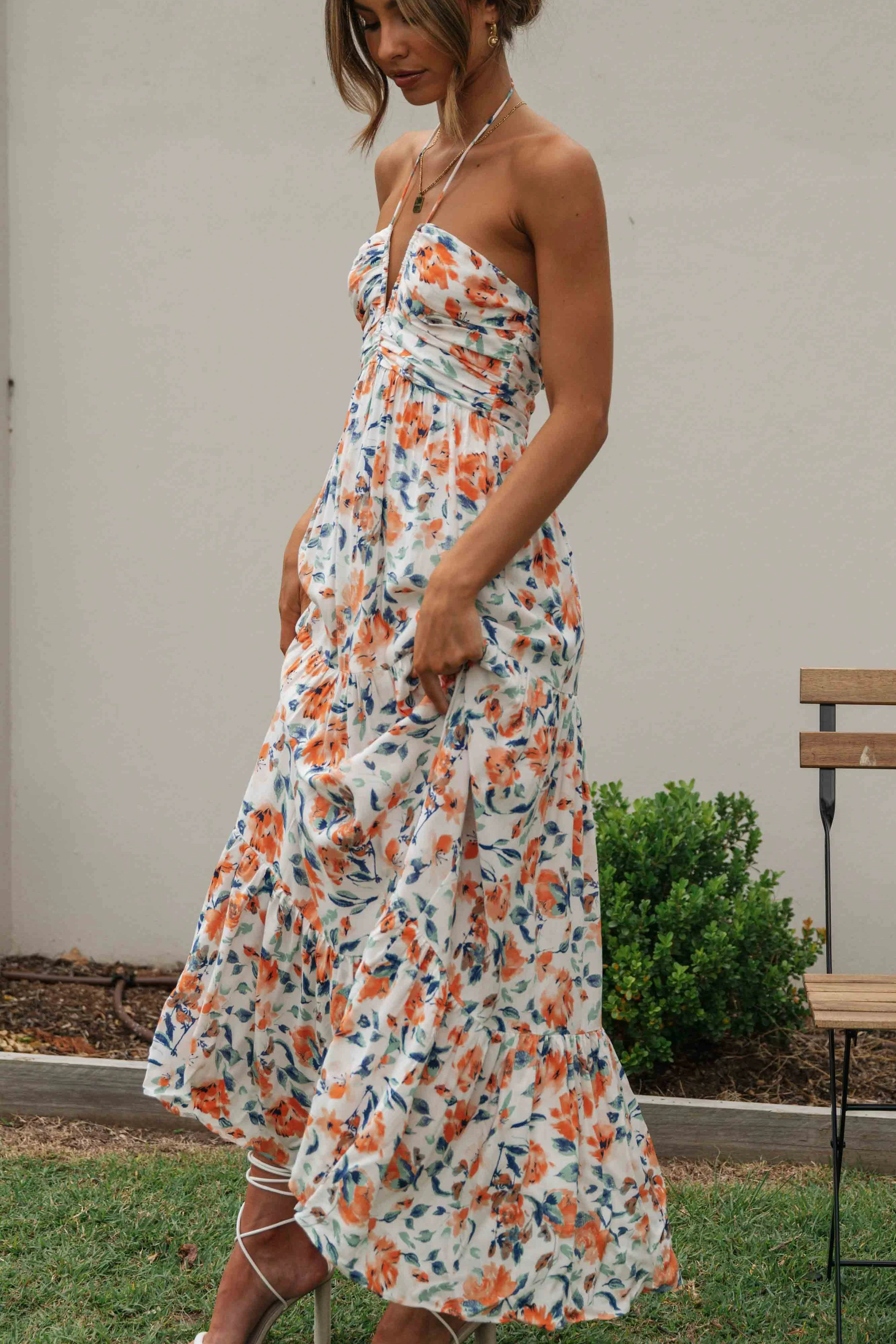 Floral V-Neck Backless Maxi Dress Orange