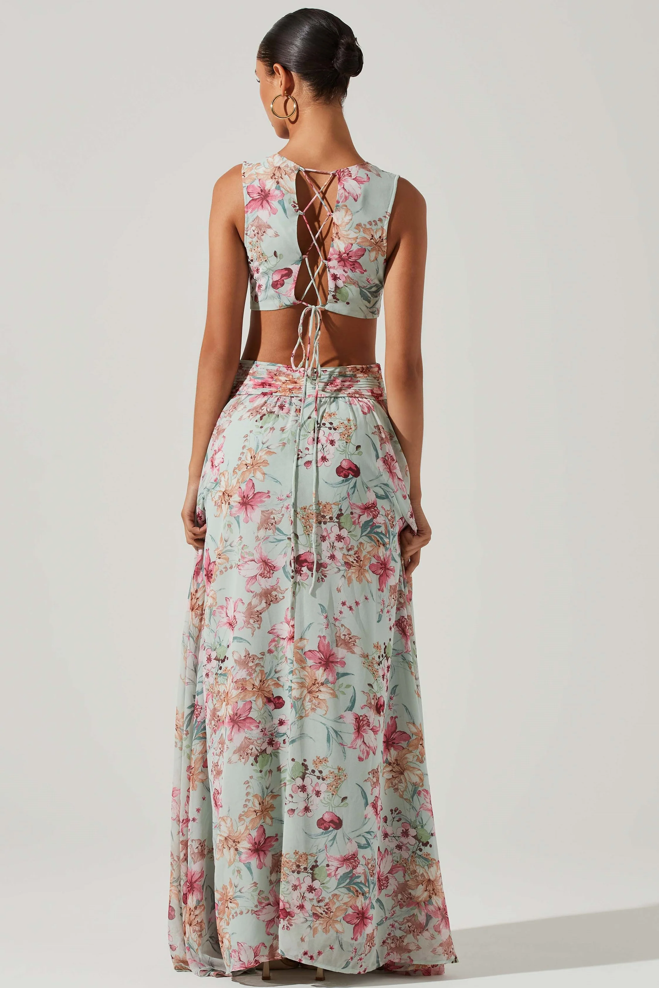 Floral V-Neck Pleated Cut-Out Ruffle Hem Maxi Dress
