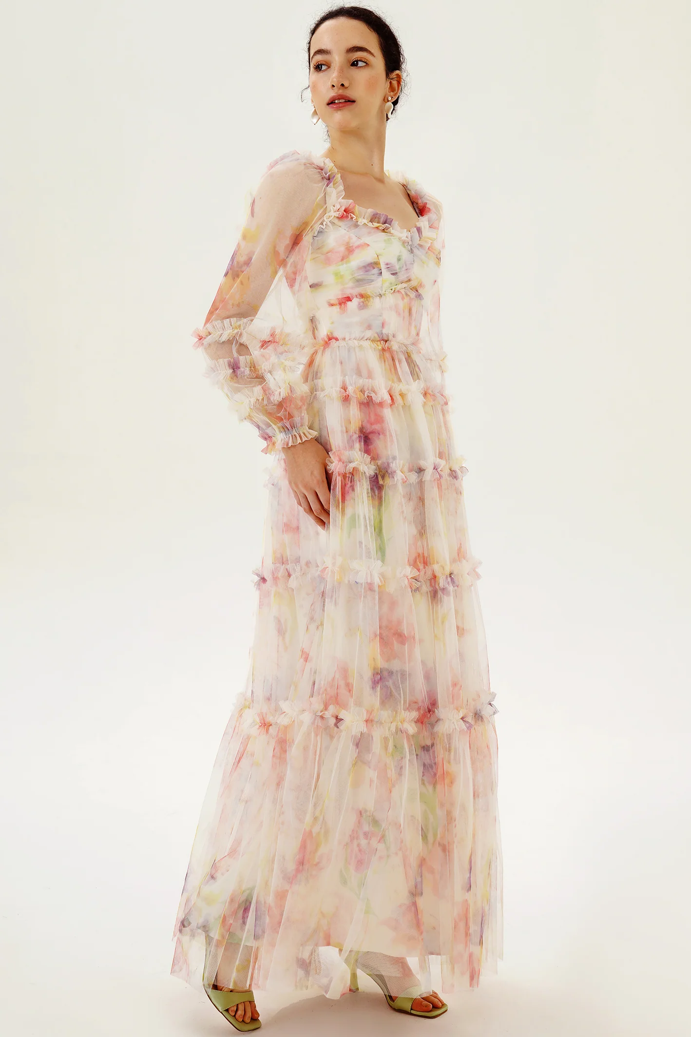 Floral Long Sleeve Ruffle Hem Maxi Dress Pink