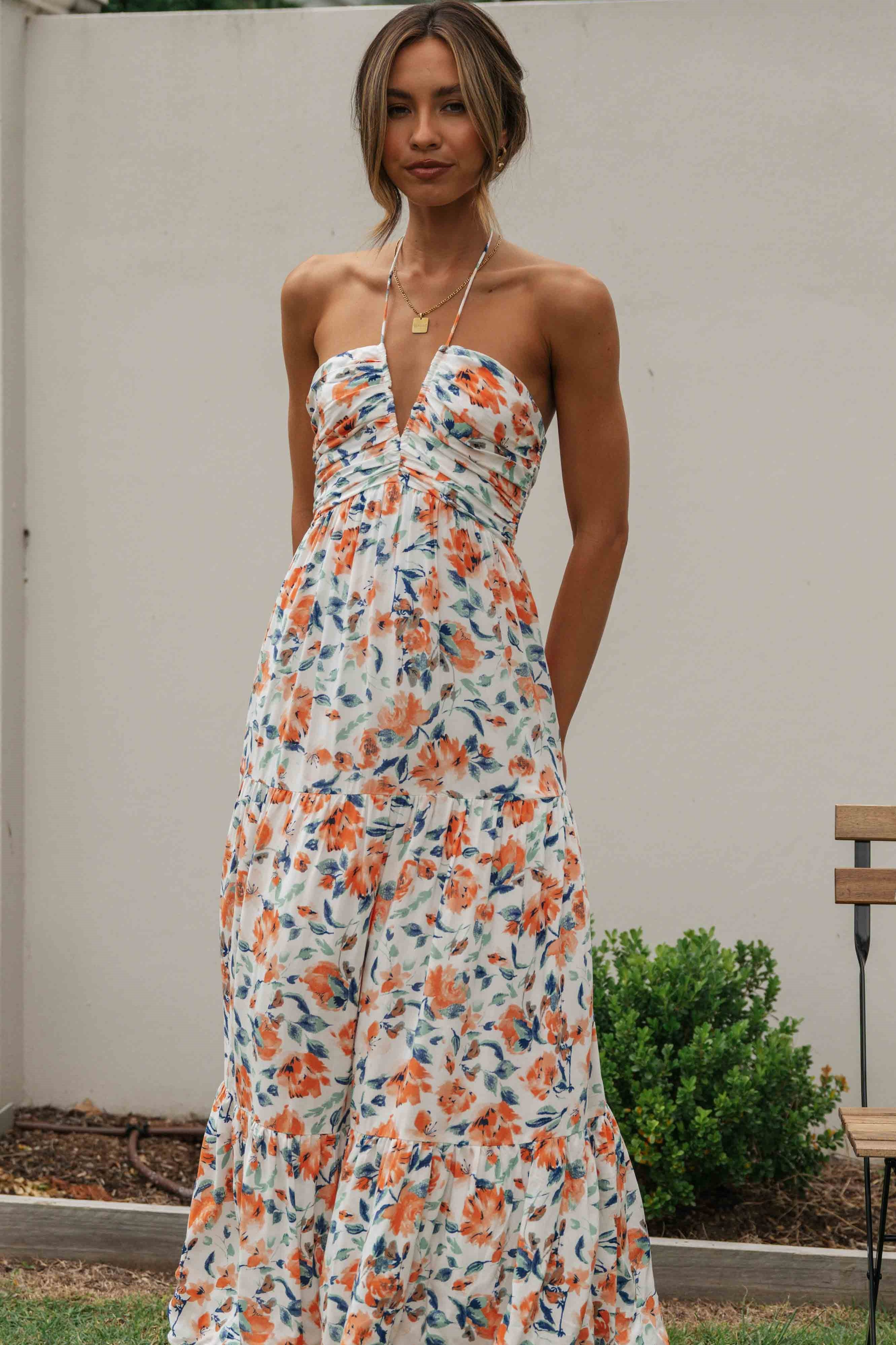 Floral V-Neck Backless Maxi Dress Orange