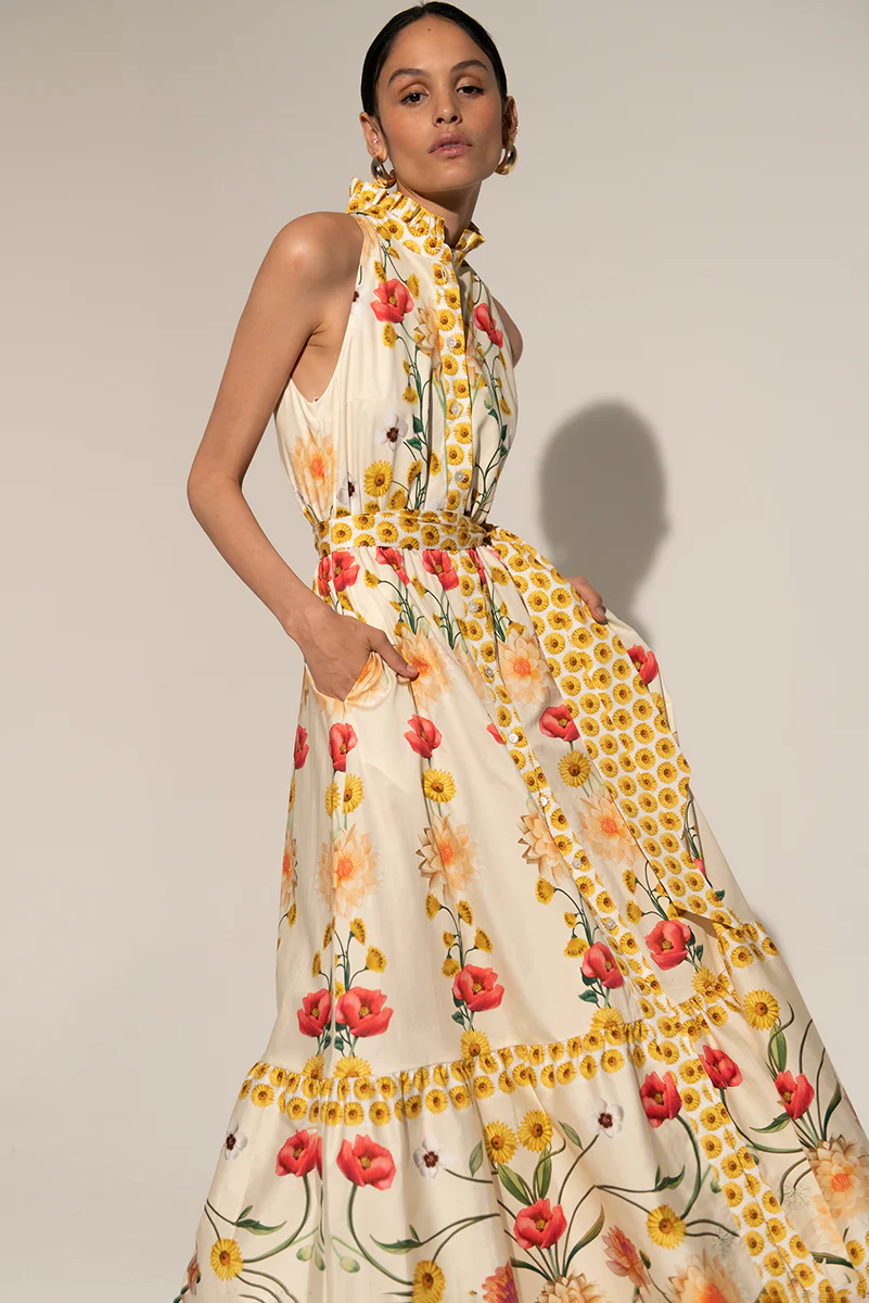 Floral High Collar Sleeveless Buttoned Lace Up Midi Dress