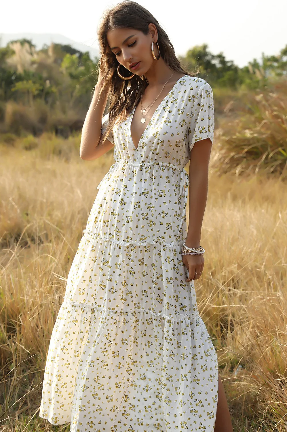Cotton Ruffle Floral Bohemian Dress White