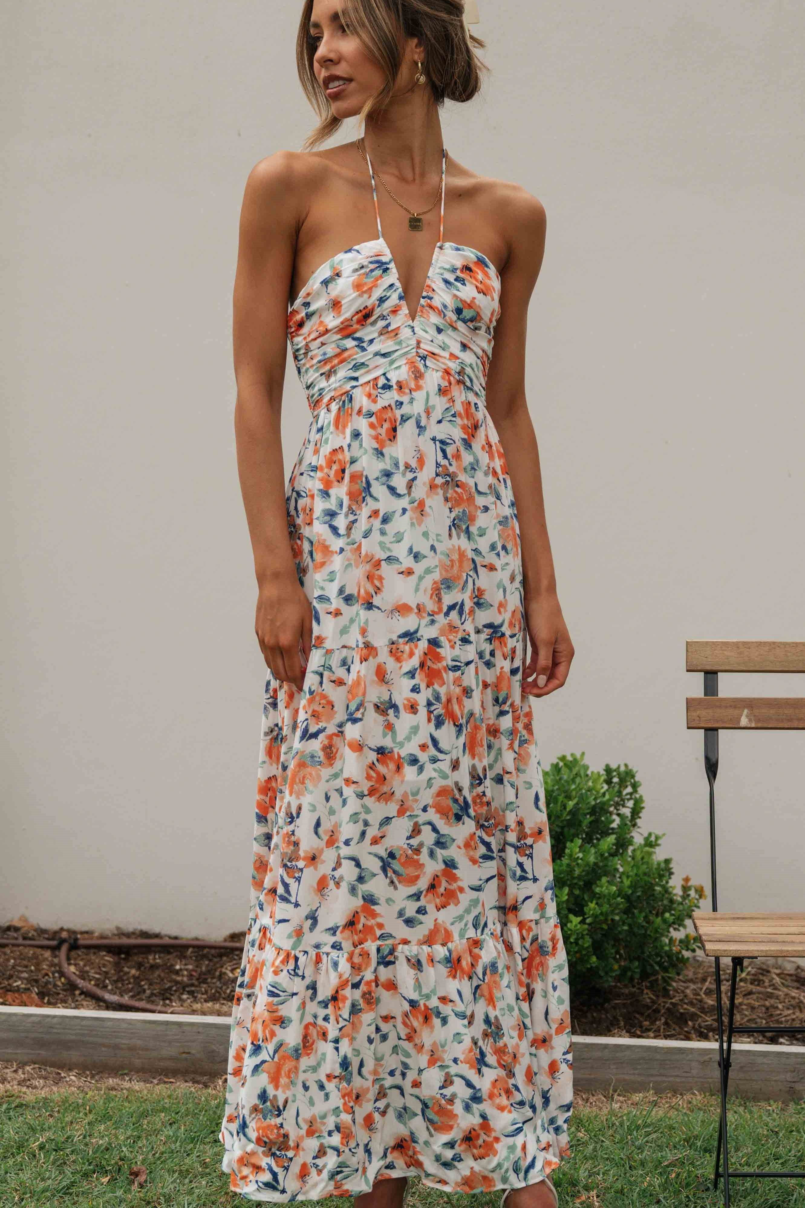 Floral V-Neck Backless Maxi Dress Orange