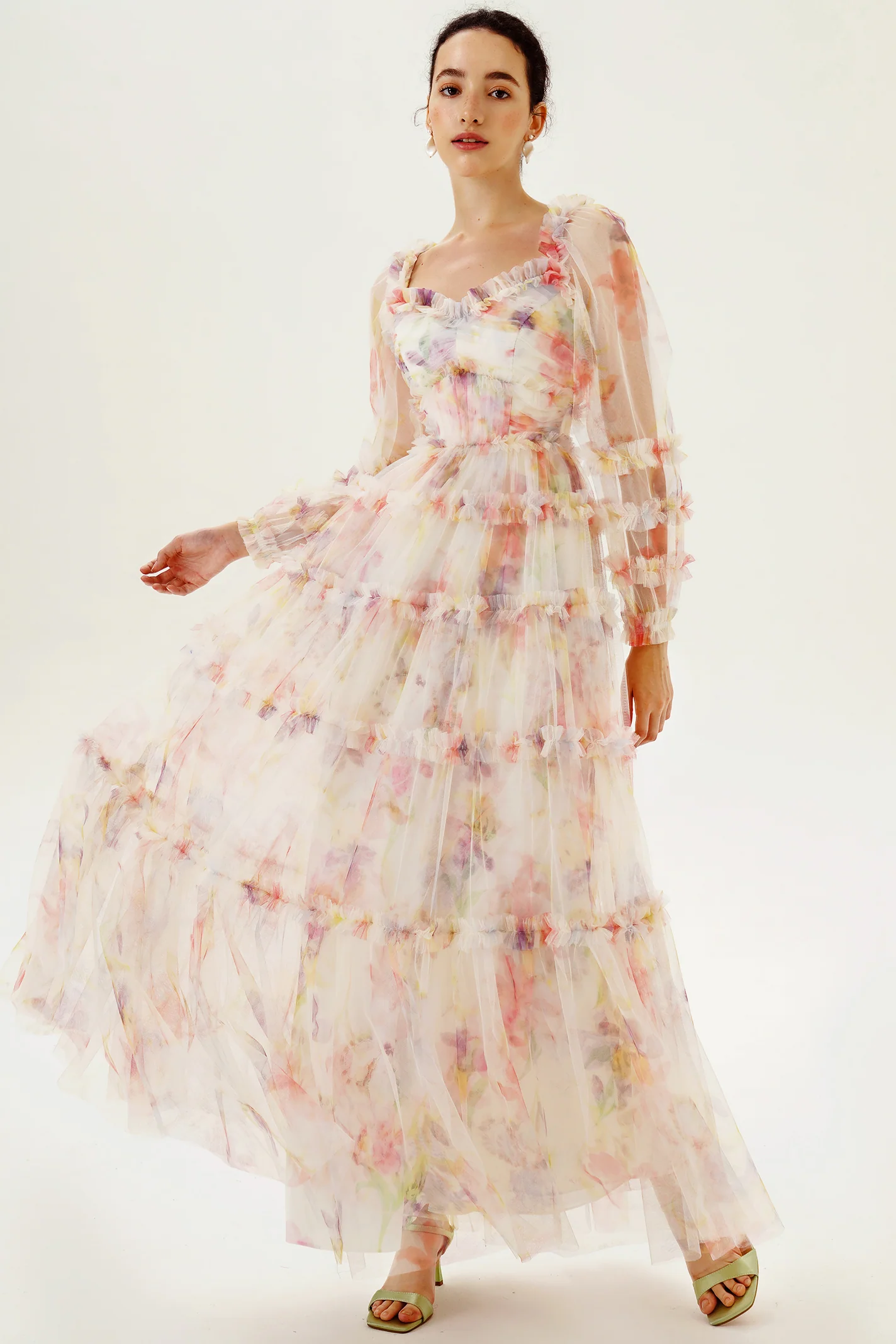 Floral Long Sleeve Ruffle Hem Maxi Dress Pink