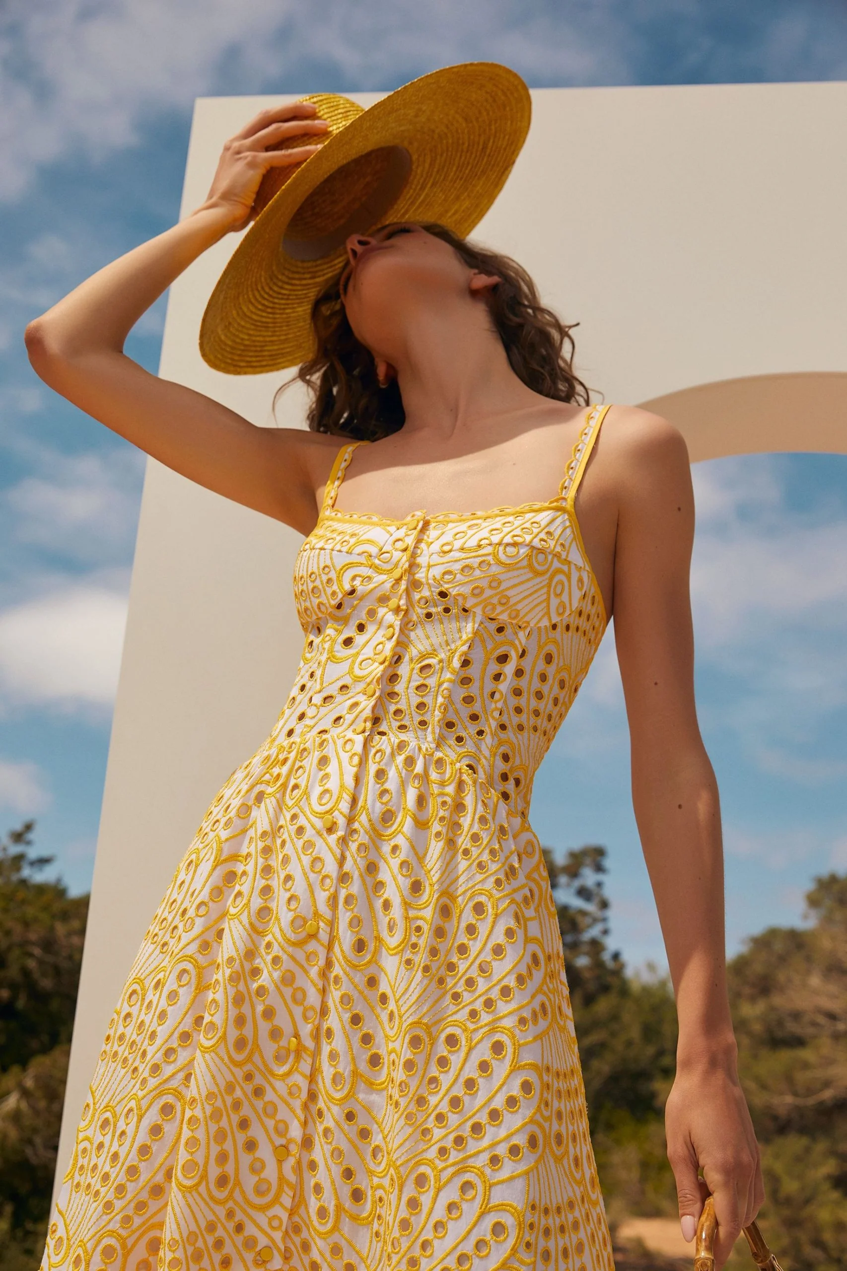 Lace Buttoned Ruffle Hem Cami Midi Dress Yellow