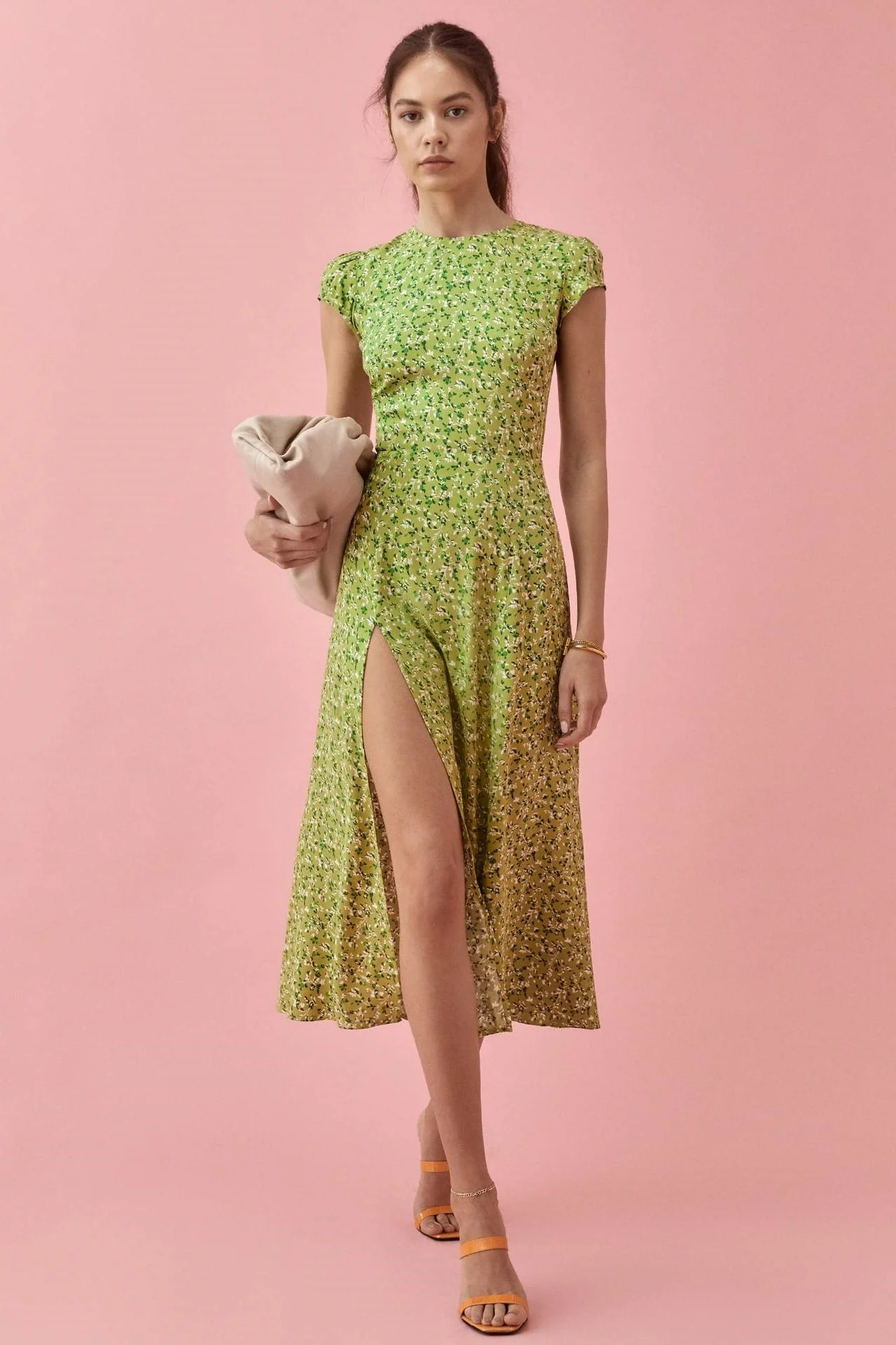 Backless Cut-Out Slit Print Midi Dress Green