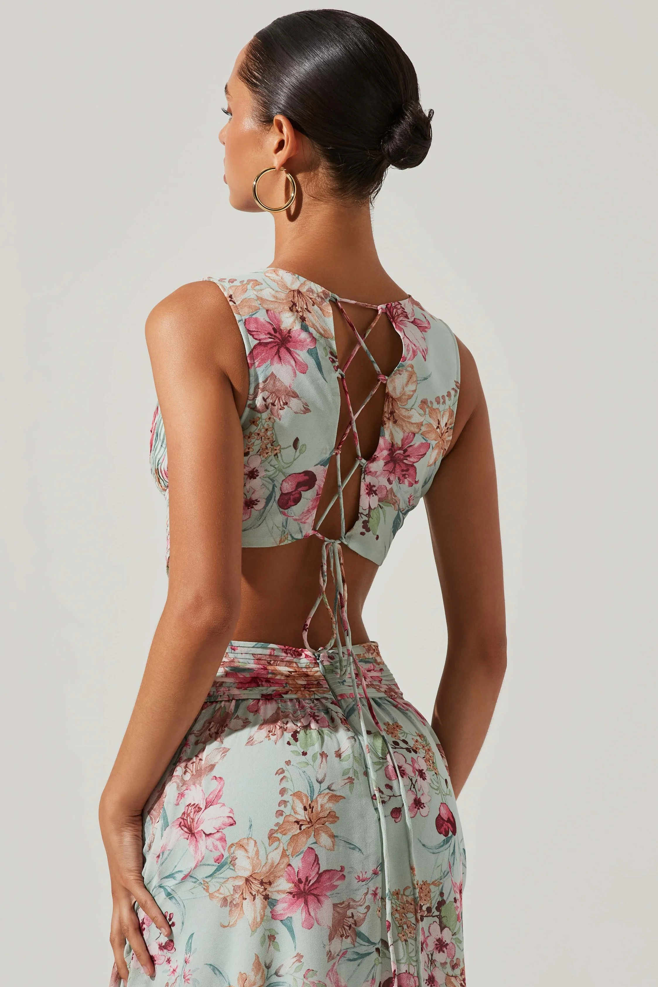 Floral V-Neck Pleated Cut-Out Ruffle Hem Maxi Dress