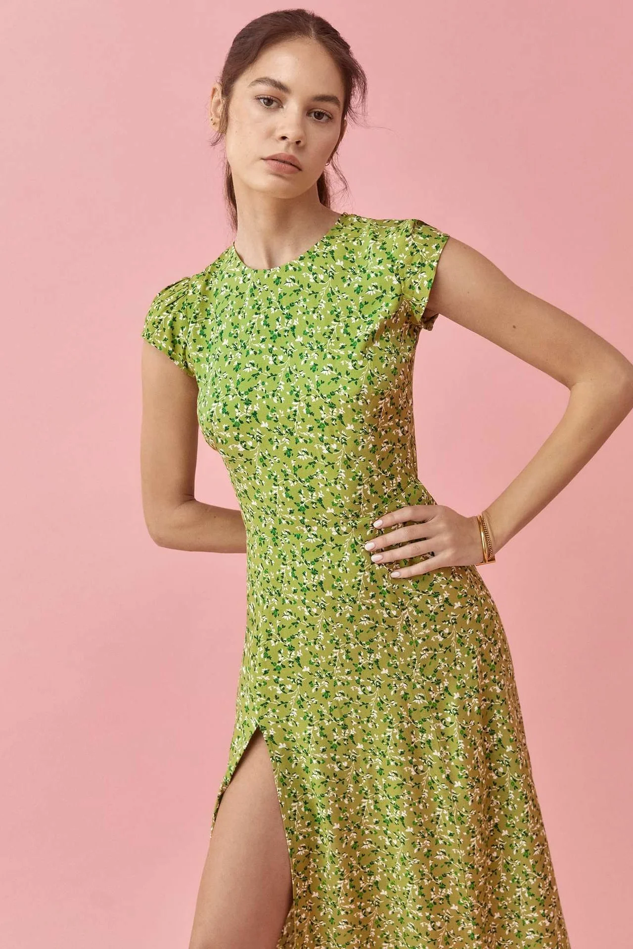 Backless Cut-Out Slit Print Midi Dress Green