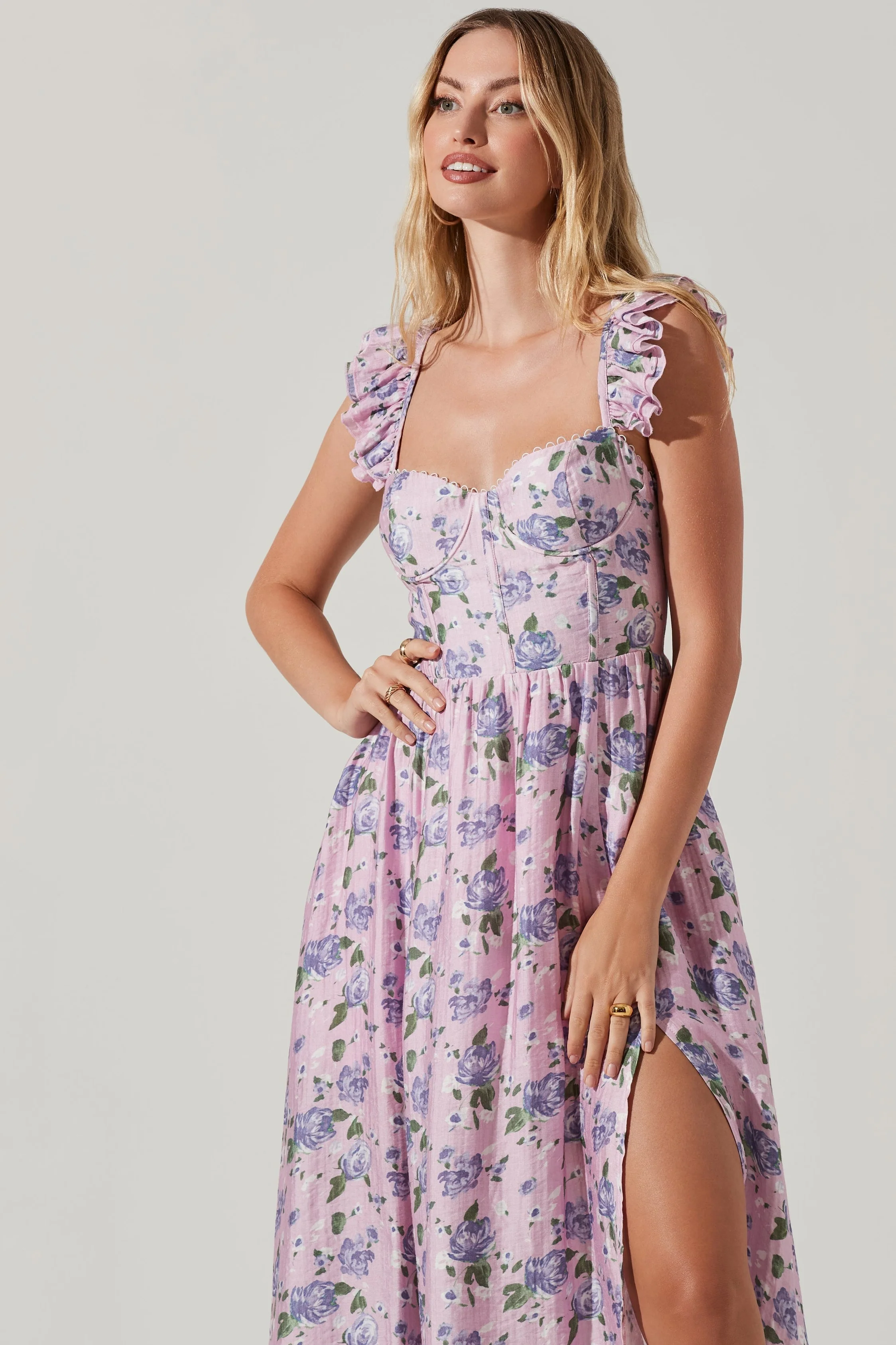 Floral Bustier Ruffle Hem Cami Slit Midi Dress