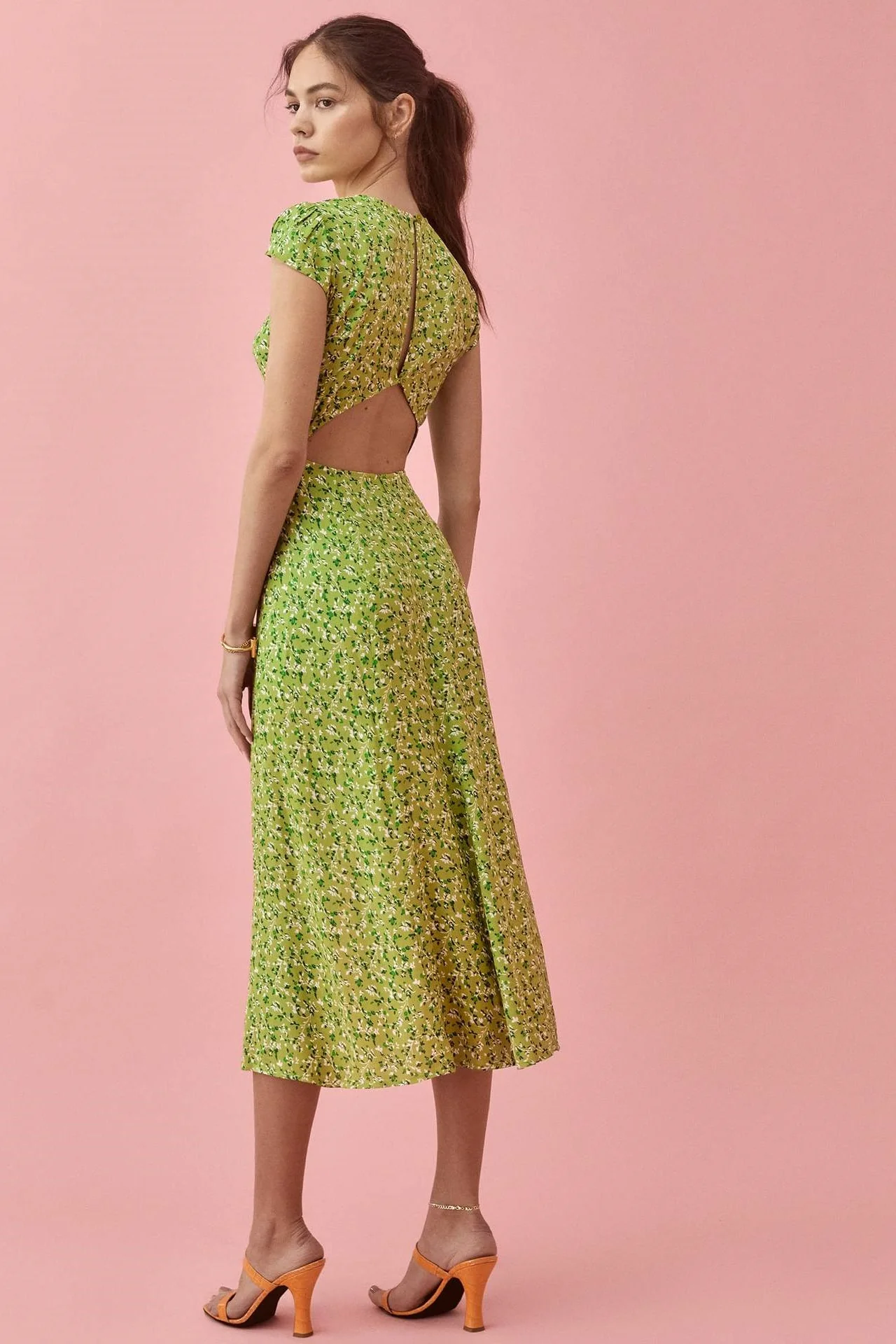 Backless Cut-Out Slit Print Midi Dress Green