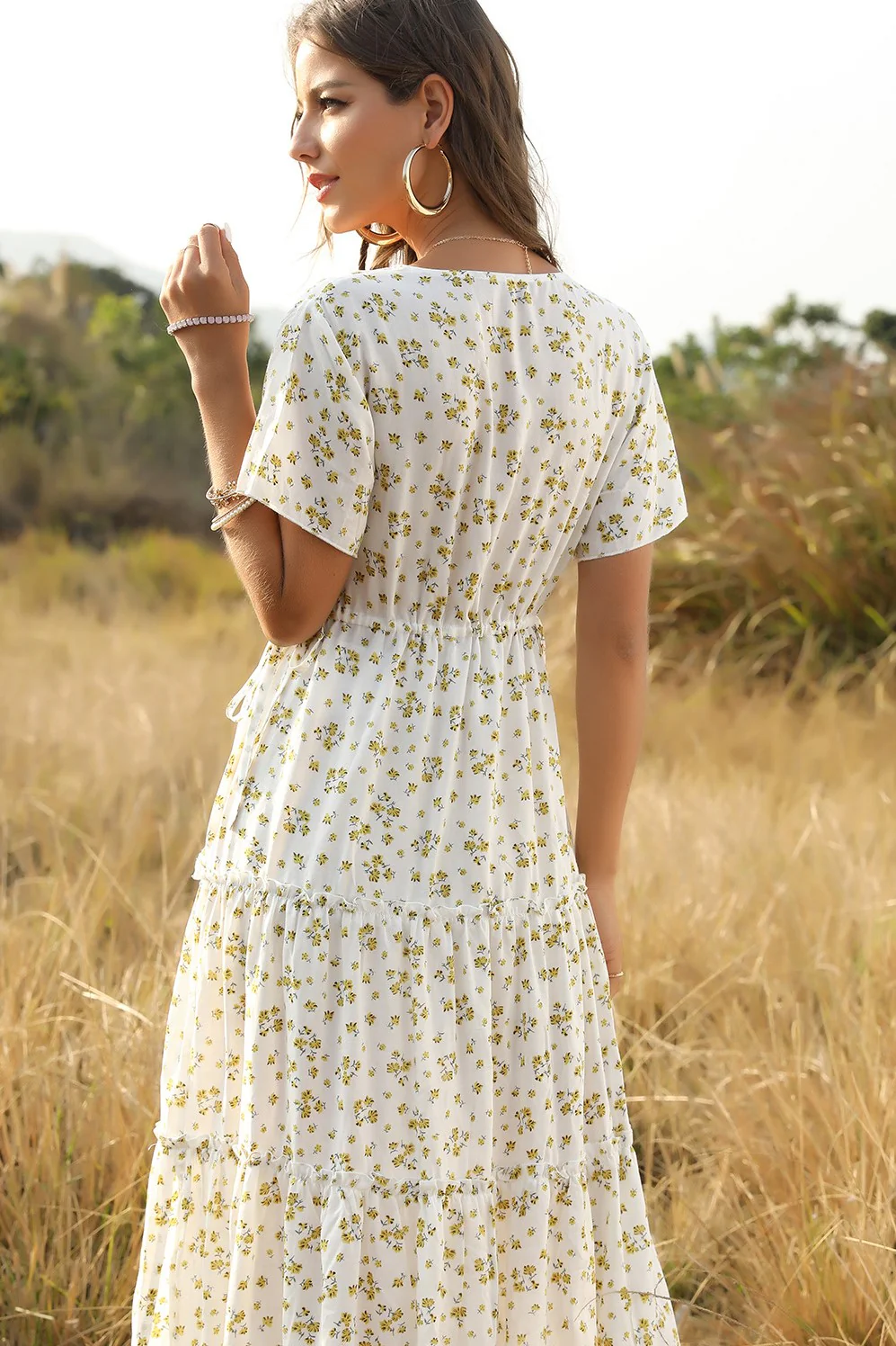 Cotton Ruffle Floral Bohemian Dress White