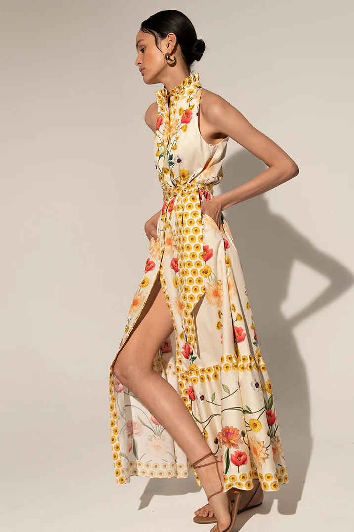 Floral High Collar Sleeveless Buttoned Lace Up Midi Dress
