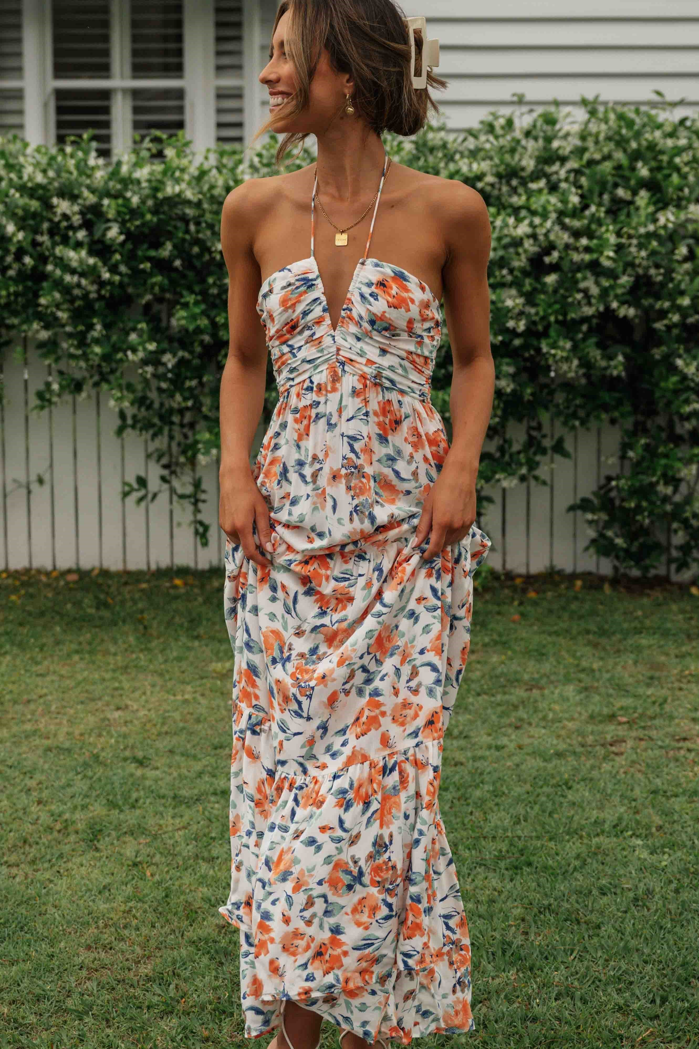 Floral V-Neck Backless Maxi Dress Orange