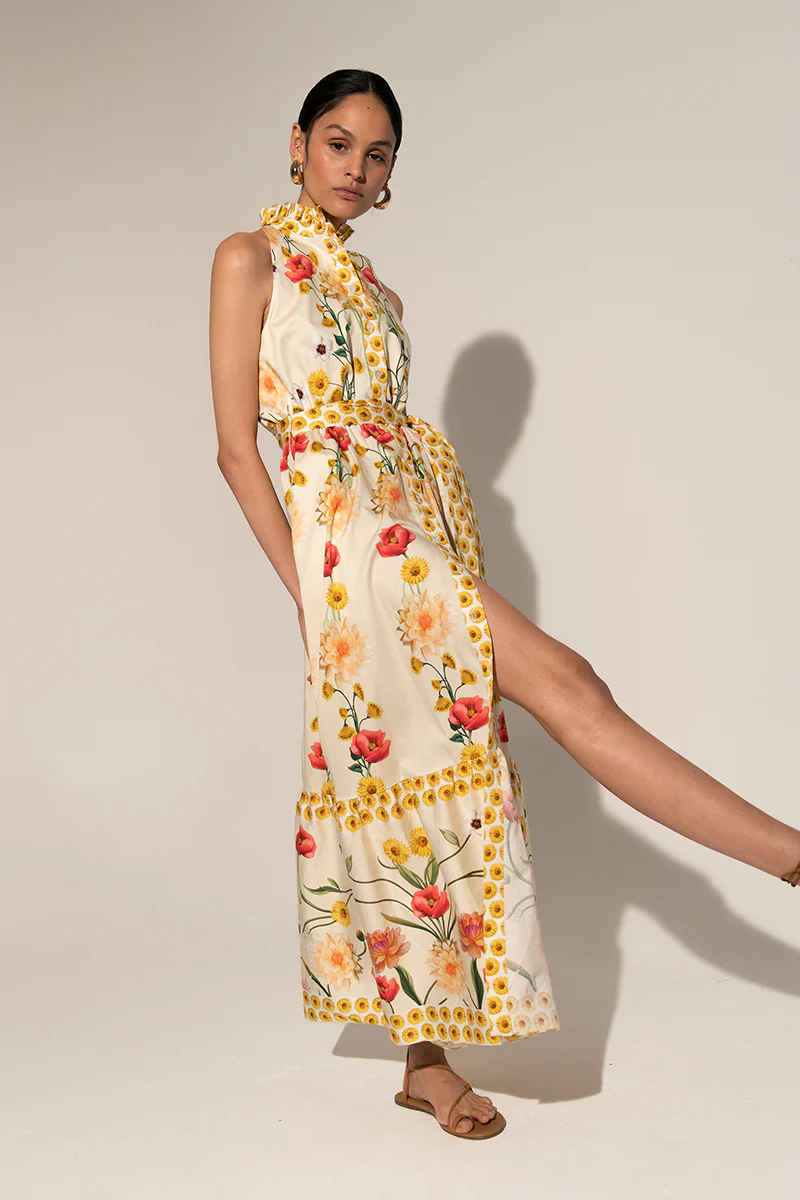 Floral High Collar Sleeveless Buttoned Lace Up Midi Dress