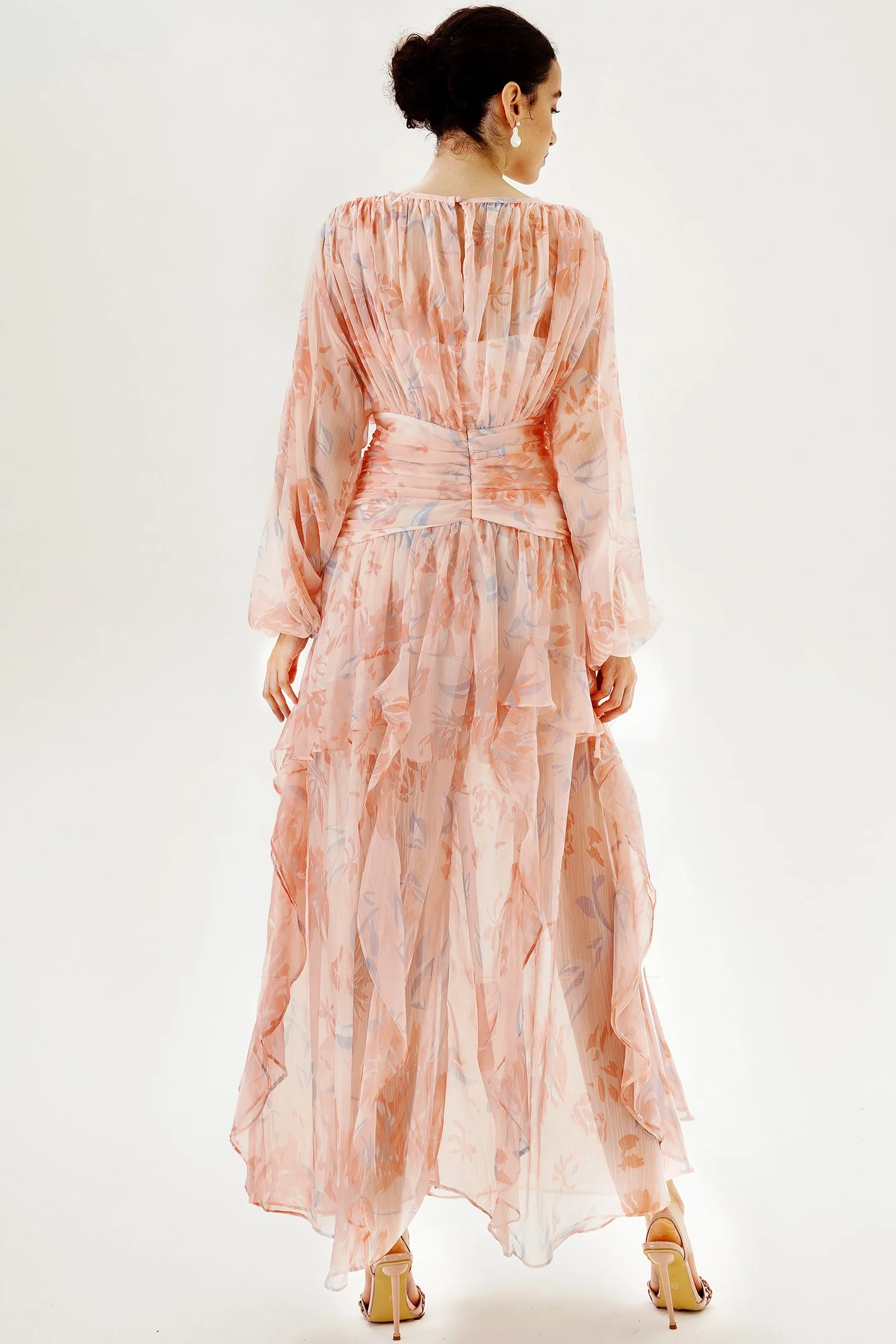 Puff Long Sleeve Tiered Ruffle Hem Maxi Dress Pink