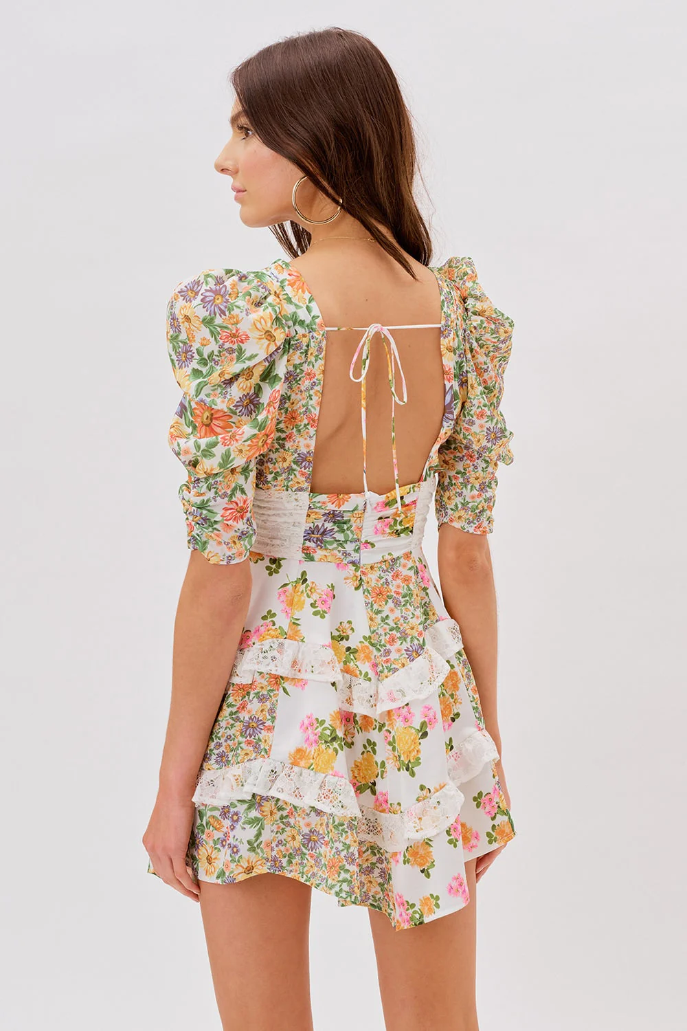 Floral V-Neck Puff Sleeve Ruffle Hem Mini Dress Yellow