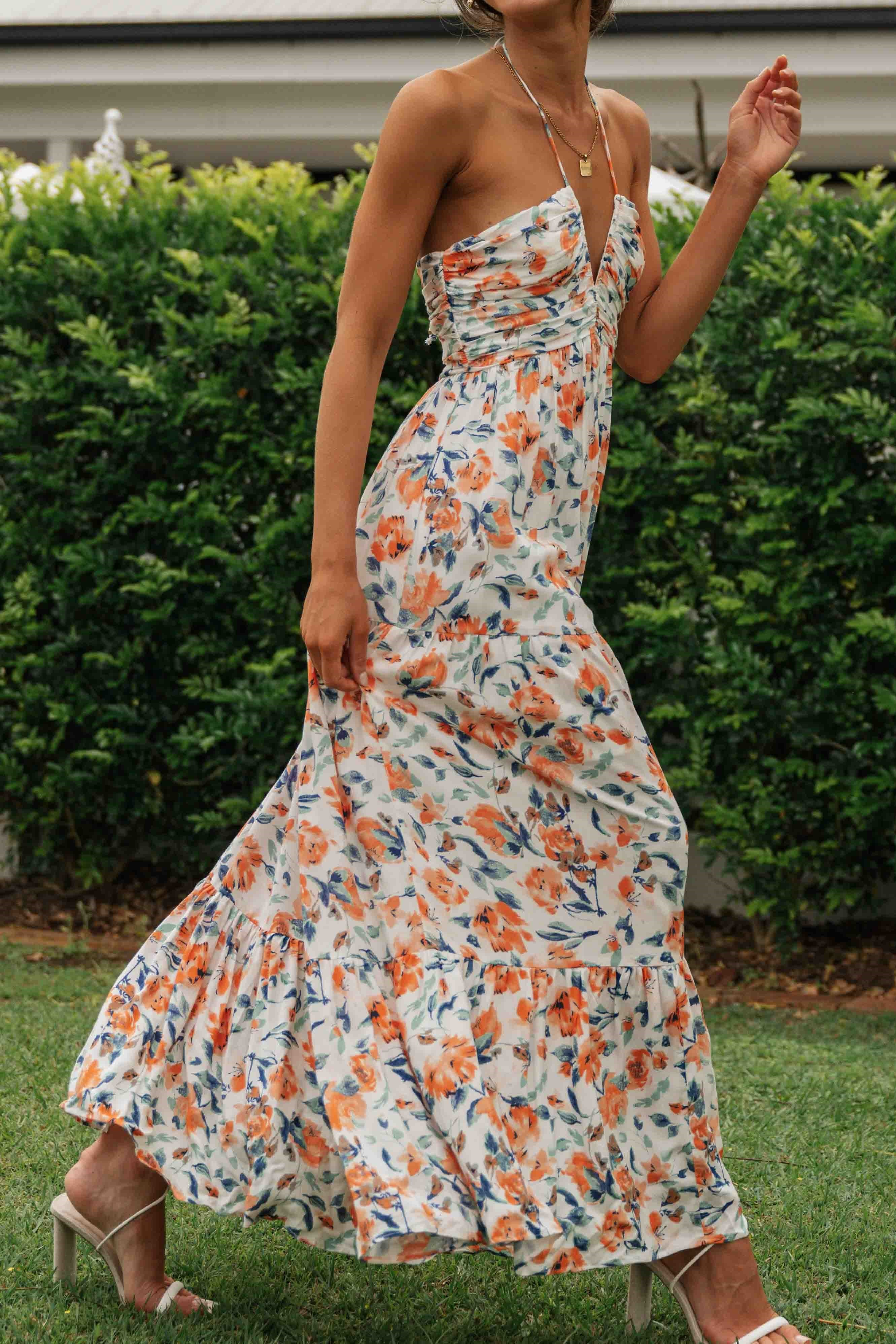 Floral V-Neck Backless Maxi Dress Orange