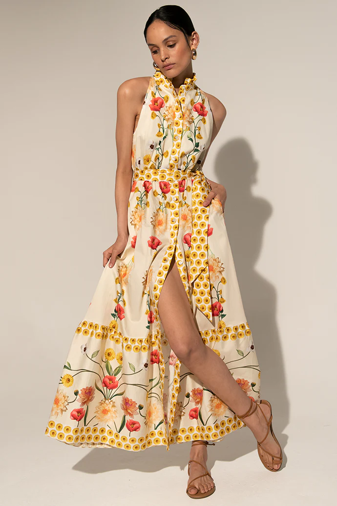 Floral High Collar Sleeveless Buttoned Lace Up Midi Dress