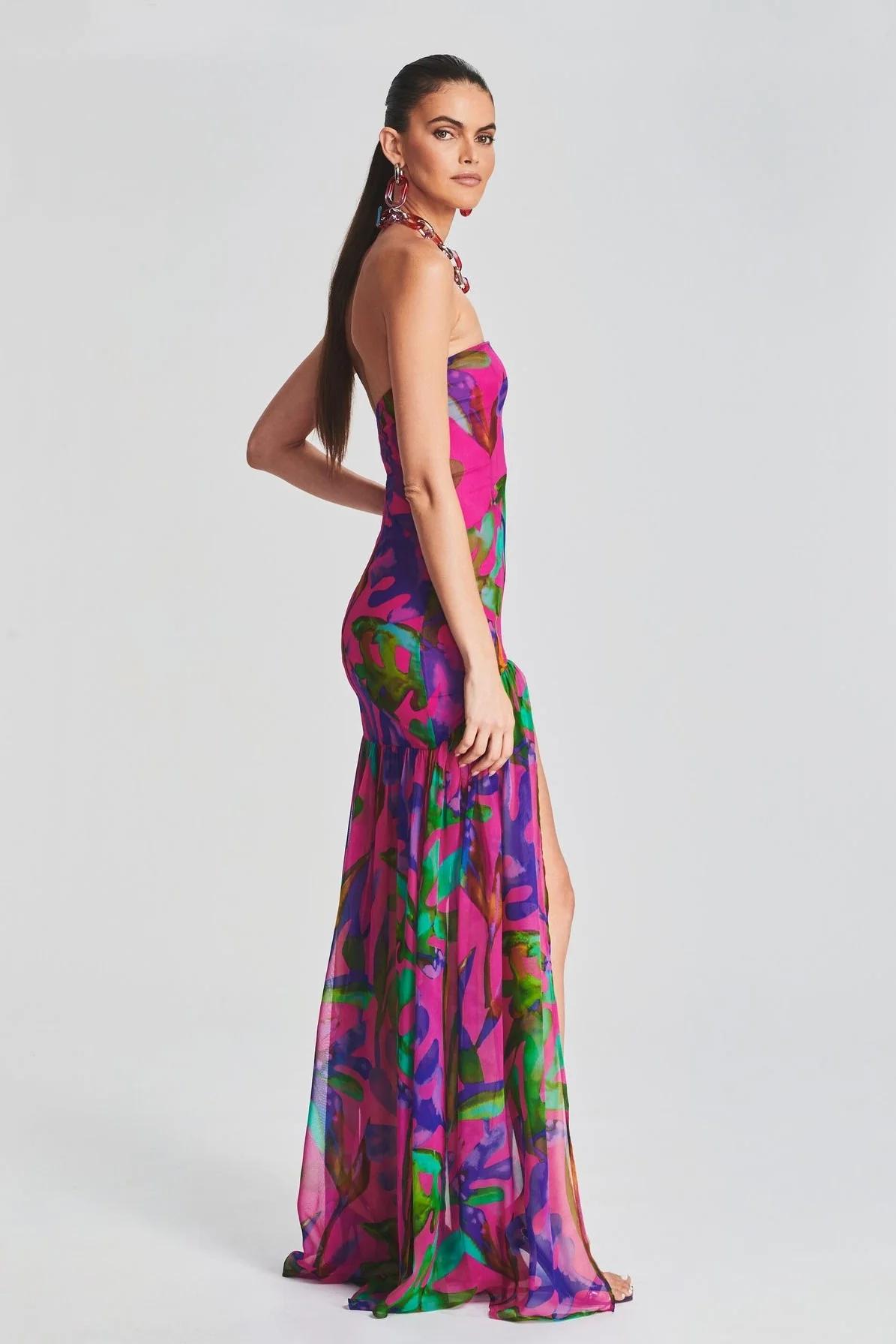 Floral Tube Top Slit Backless Maxi Dress Hot Pink