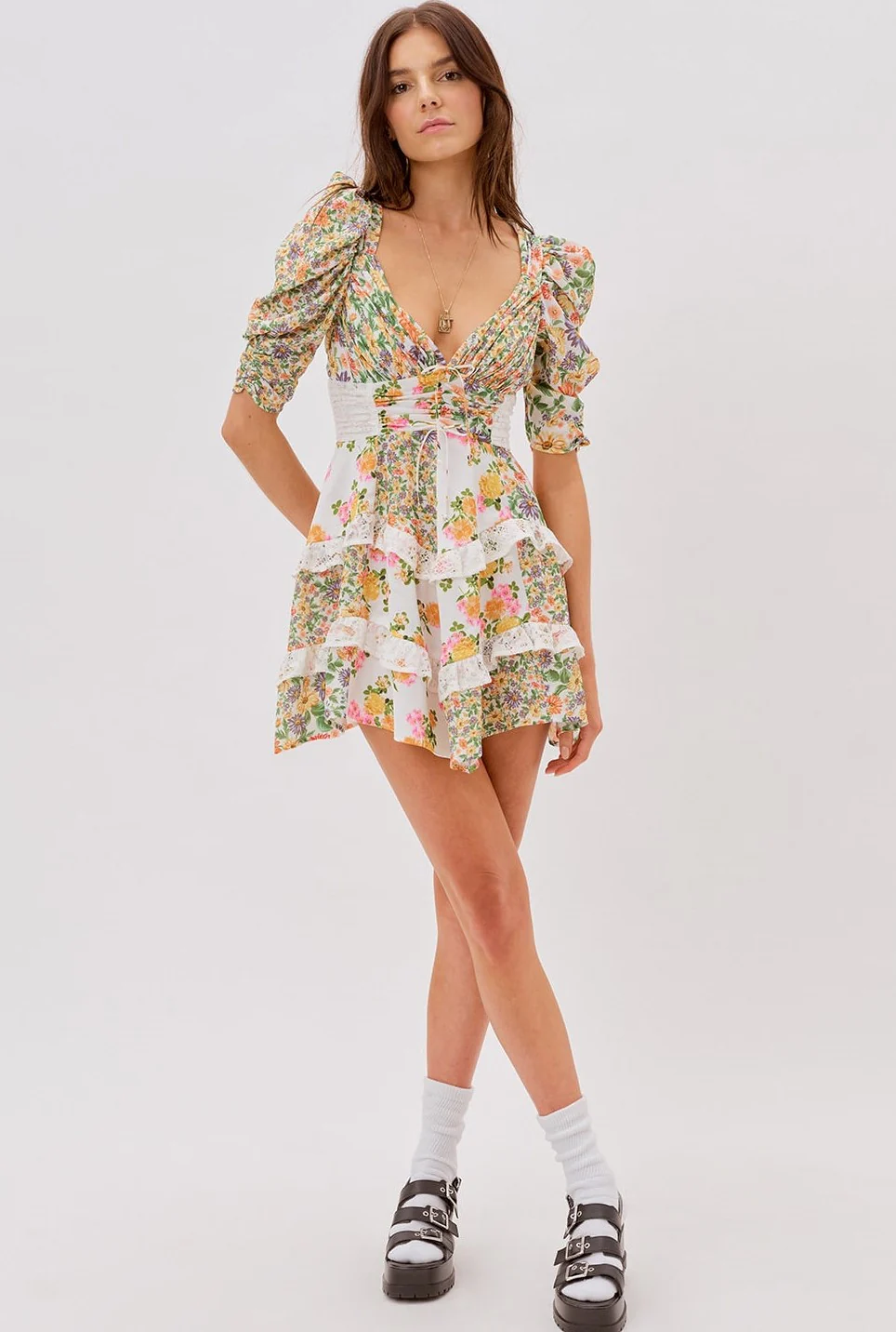 Floral V-Neck Puff Sleeve Ruffle Hem Mini Dress Yellow