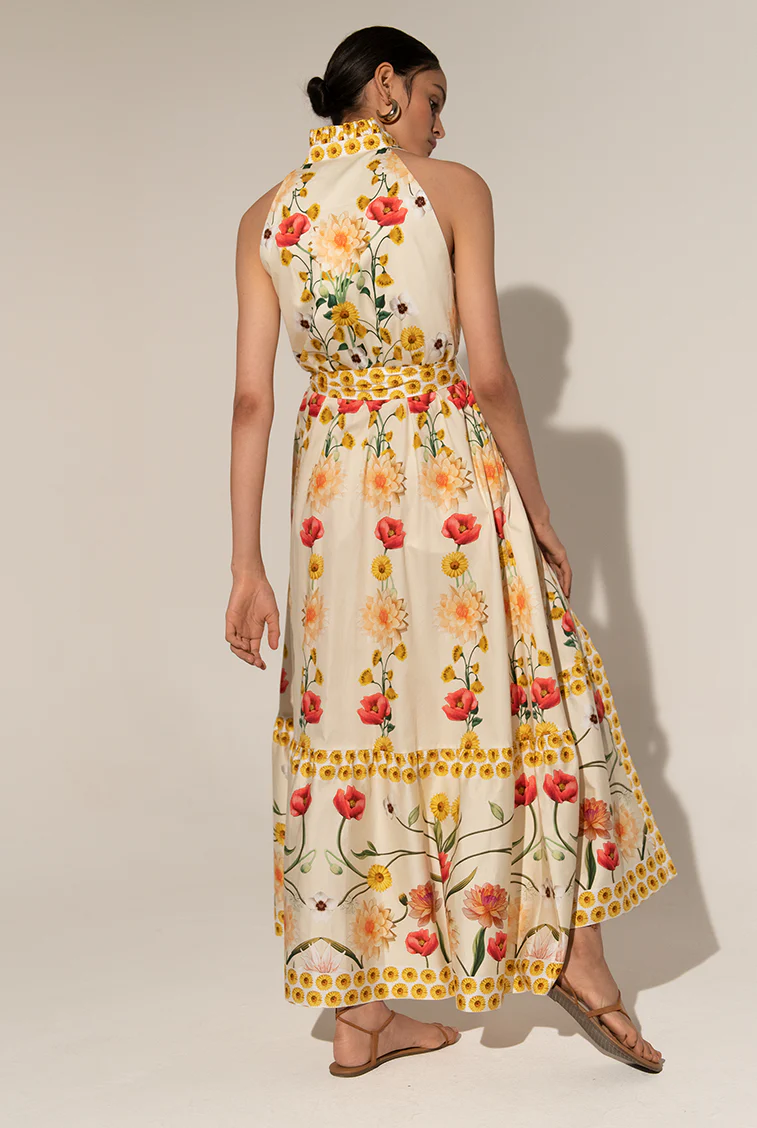 Floral High Collar Sleeveless Buttoned Lace Up Midi Dress