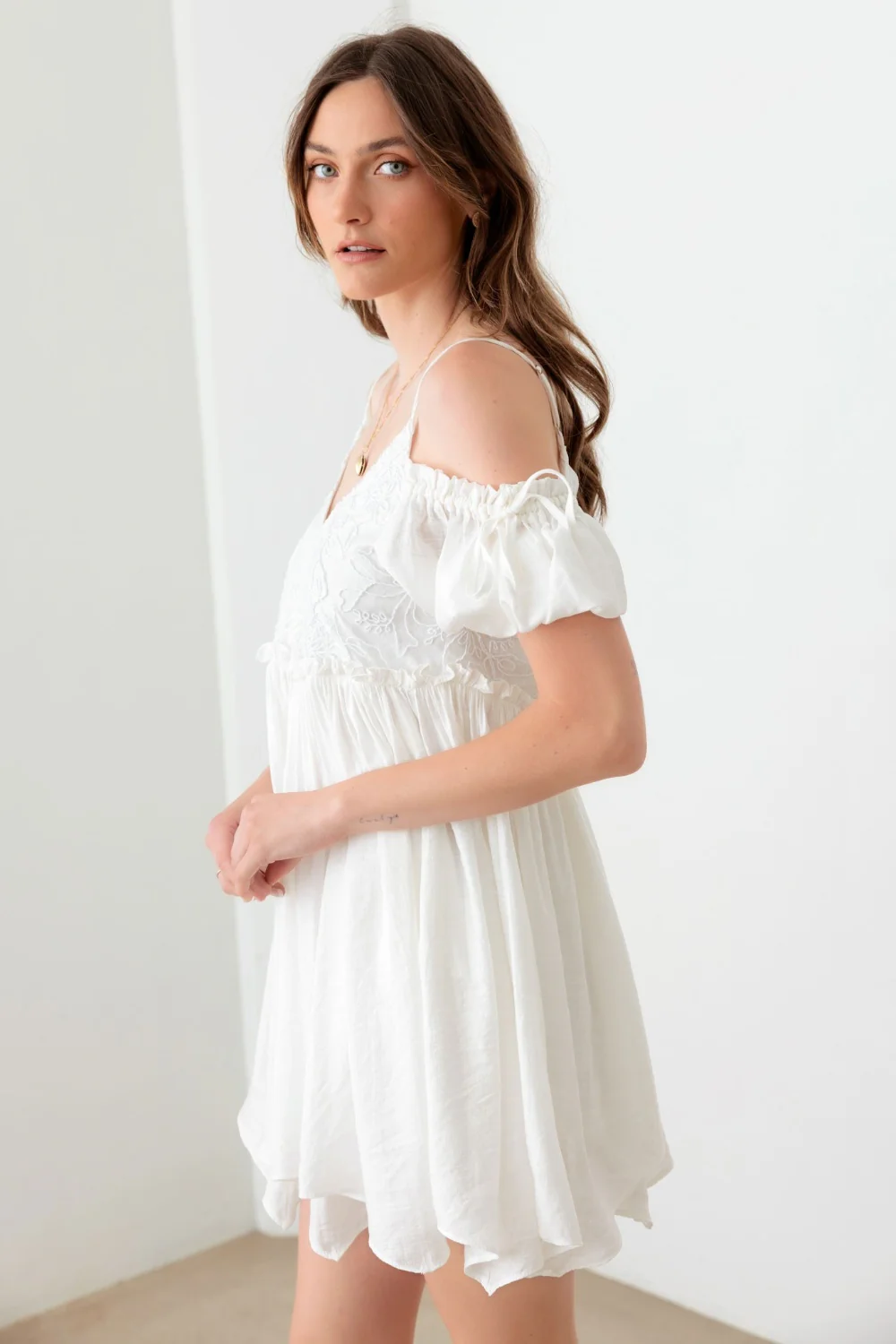 🌼 Mustard Seed Embroidered Floral Shirred Cold Shoulder Mini Dress 🌼