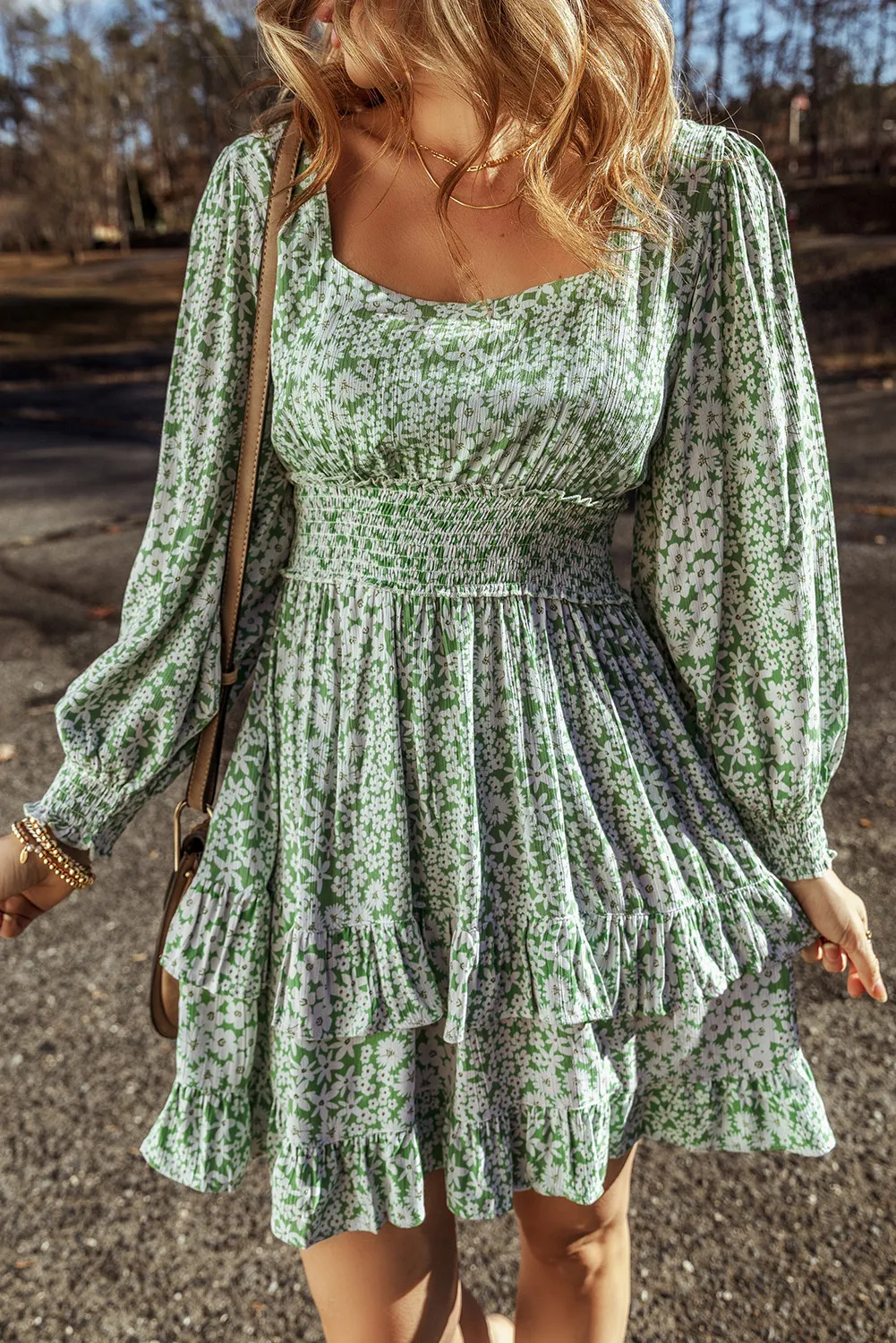 🌼 Ruffle Hem Floral Square Neck Long Sleeve Dress 🌼
