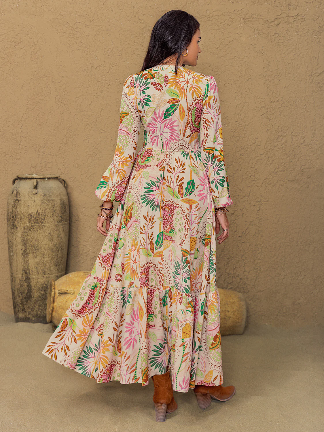 🌸 Lace Detail Printed V-Neck Long Sleeve Midi Dress 🌸