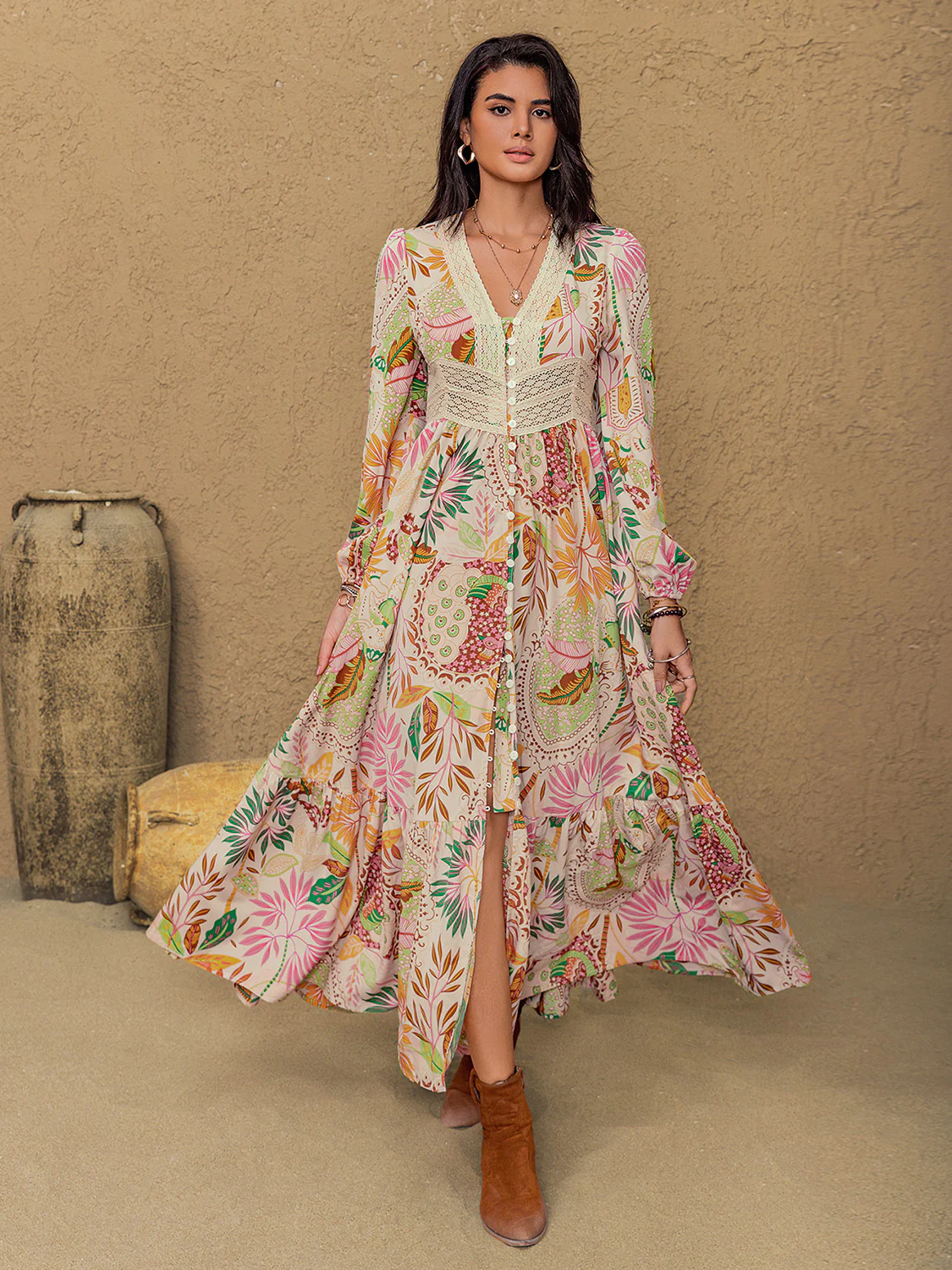 🌸 Lace Detail Printed V-Neck Long Sleeve Midi Dress 🌸