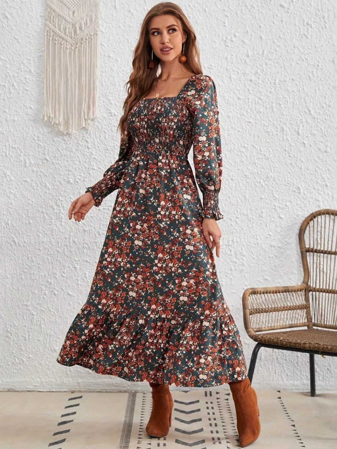 🌼 Smocked Floral Square Neck Long Sleeve Dress 🌼