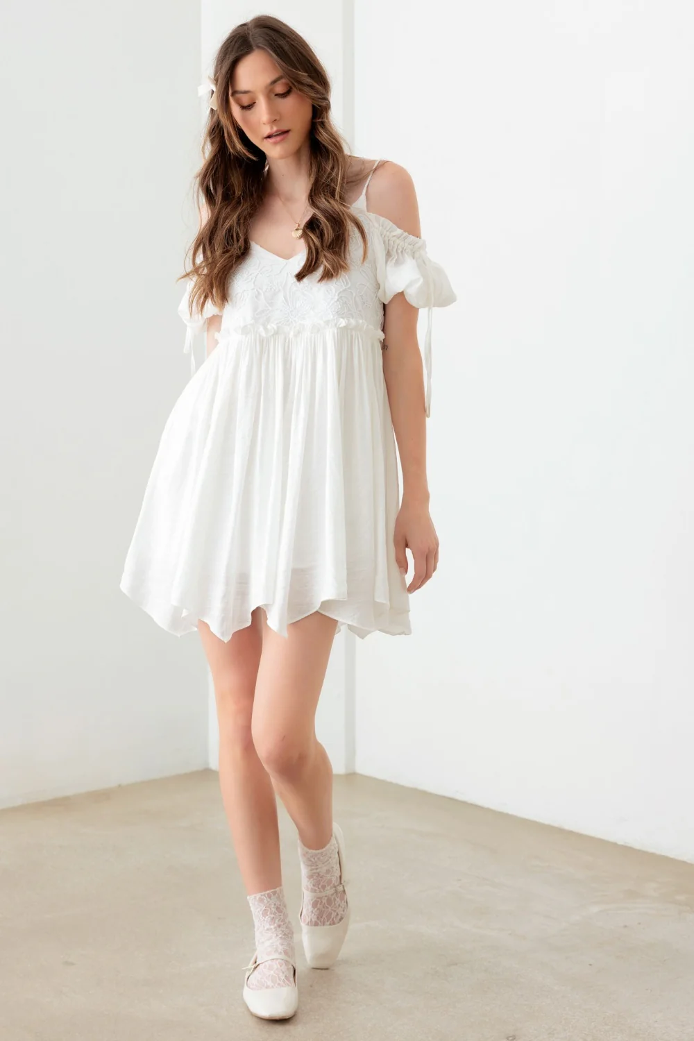 🌼 Mustard Seed Embroidered Floral Shirred Cold Shoulder Mini Dress 🌼