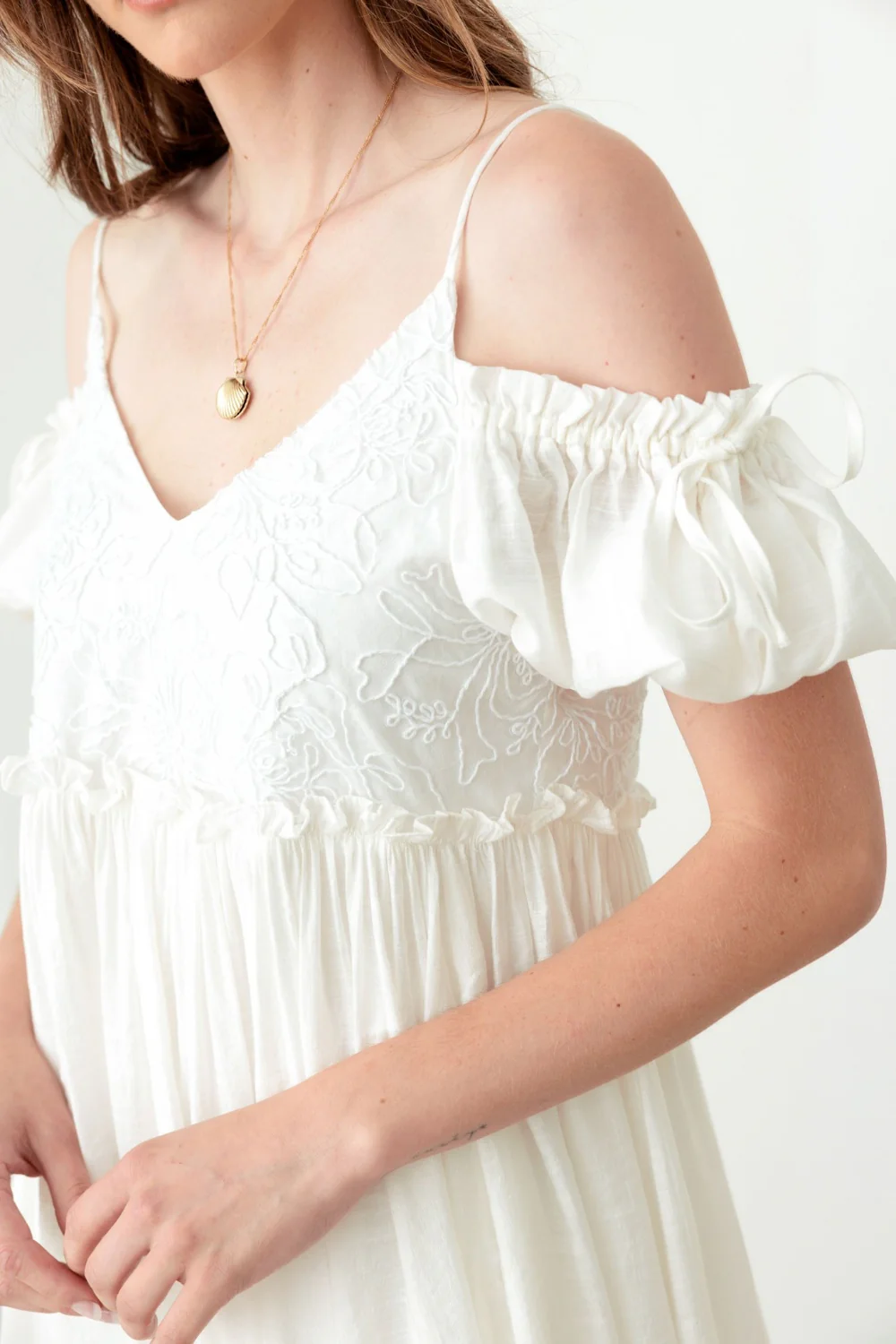 🌼 Mustard Seed Embroidered Floral Shirred Cold Shoulder Mini Dress 🌼