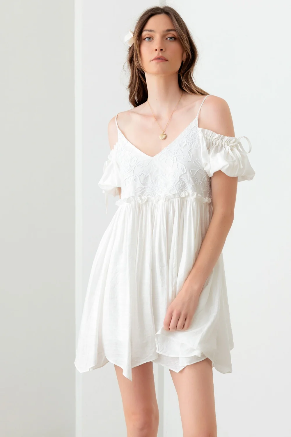 🌼 Mustard Seed Embroidered Floral Shirred Cold Shoulder Mini Dress 🌼