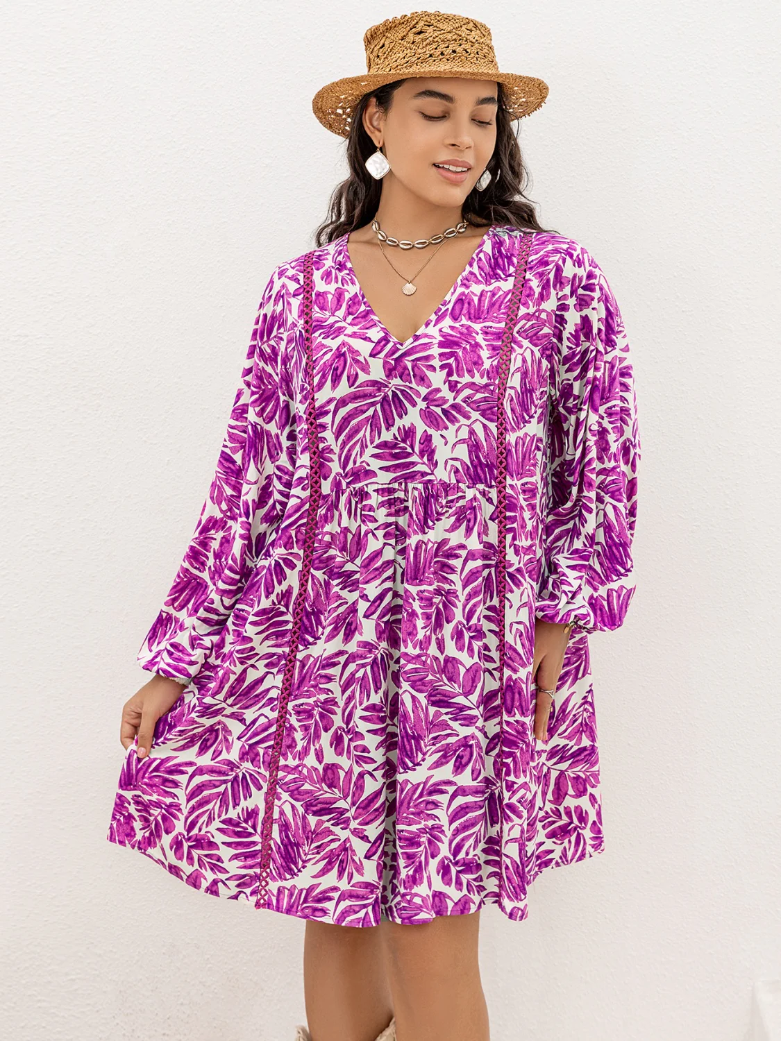 🌼 Plus Size Printed V-Neck Balloon Sleeve Mini Dress 🌼