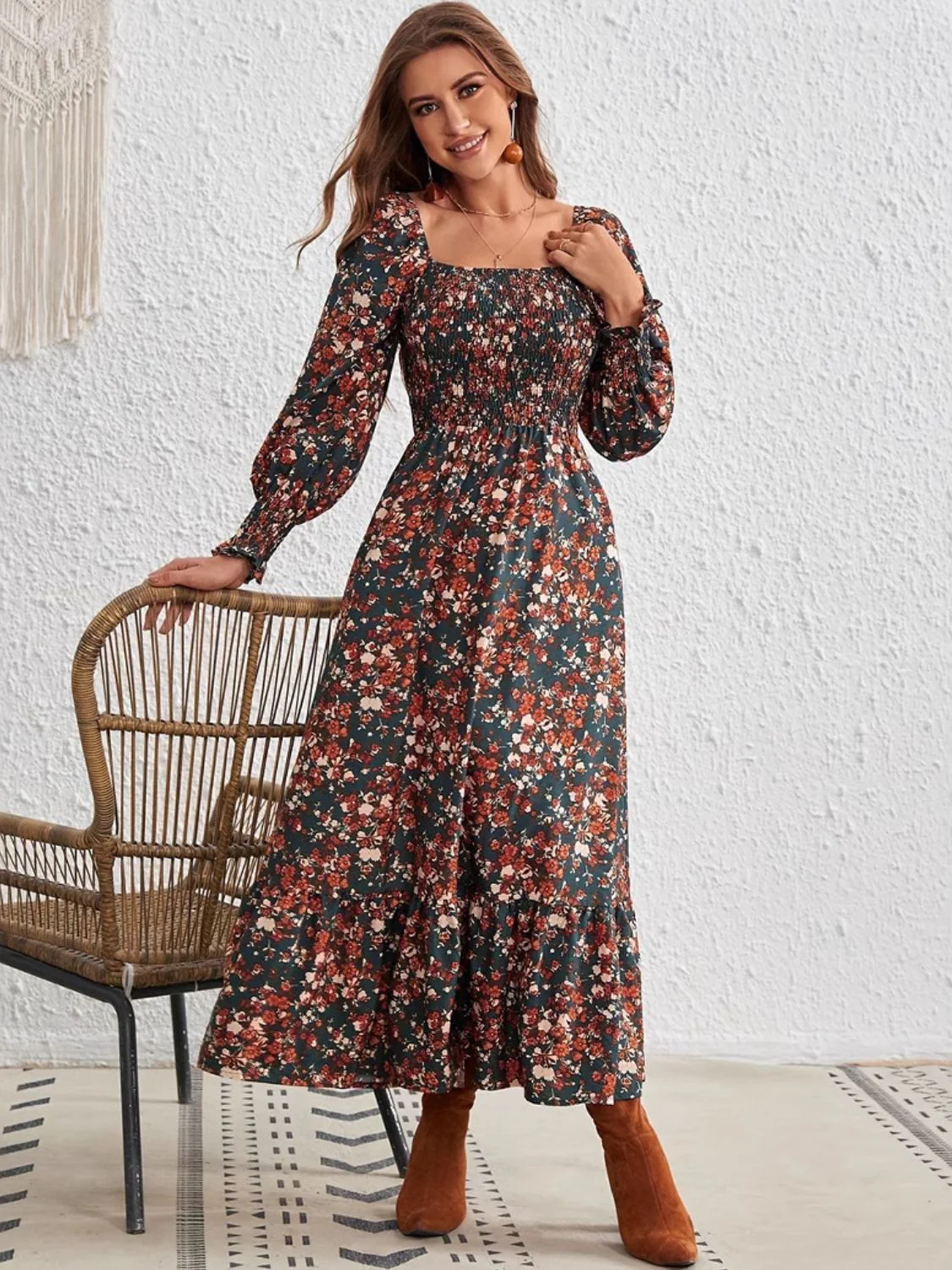 🌼 Smocked Floral Square Neck Long Sleeve Dress 🌼