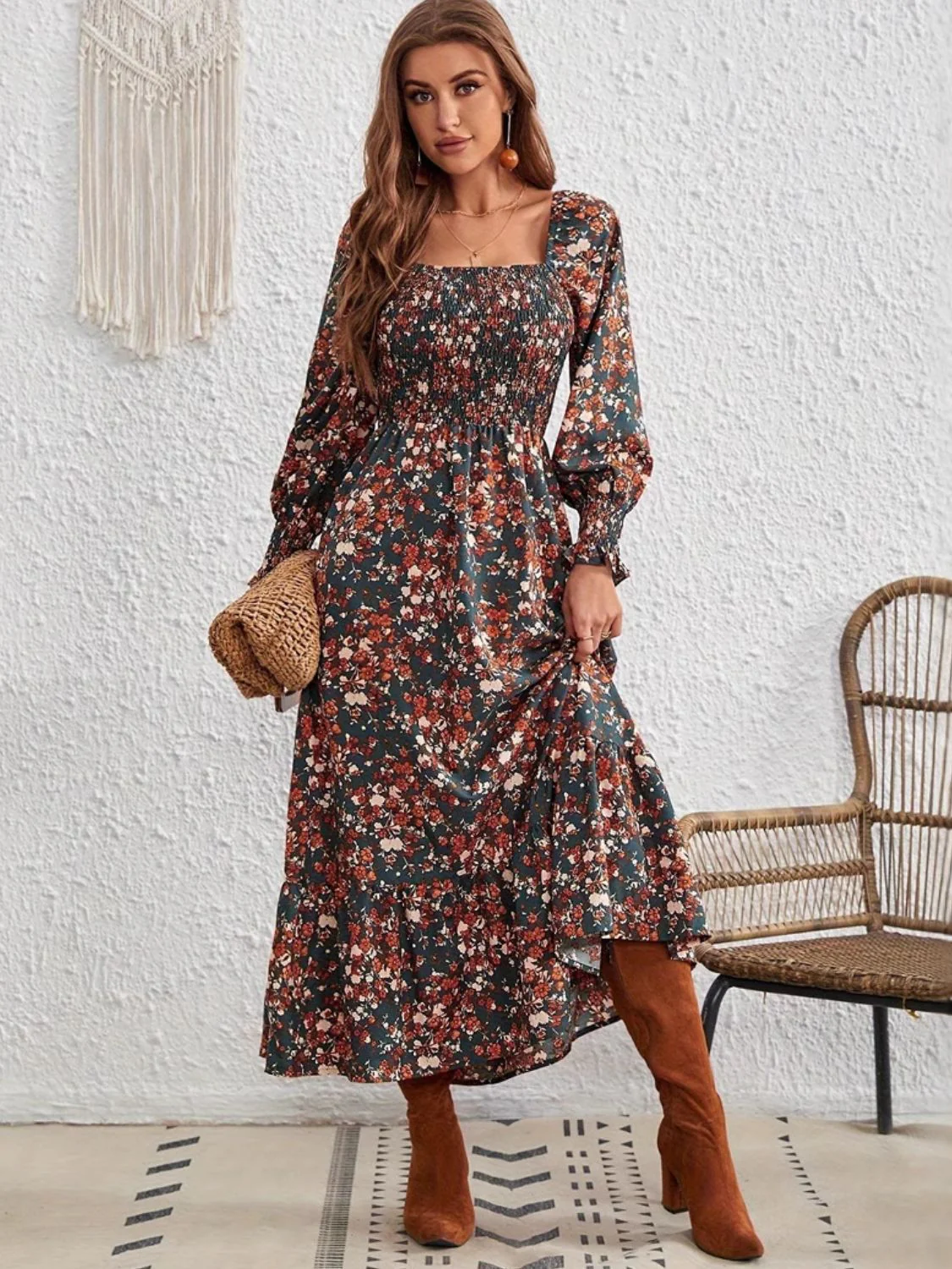 🌼 Smocked Floral Square Neck Long Sleeve Dress 🌼