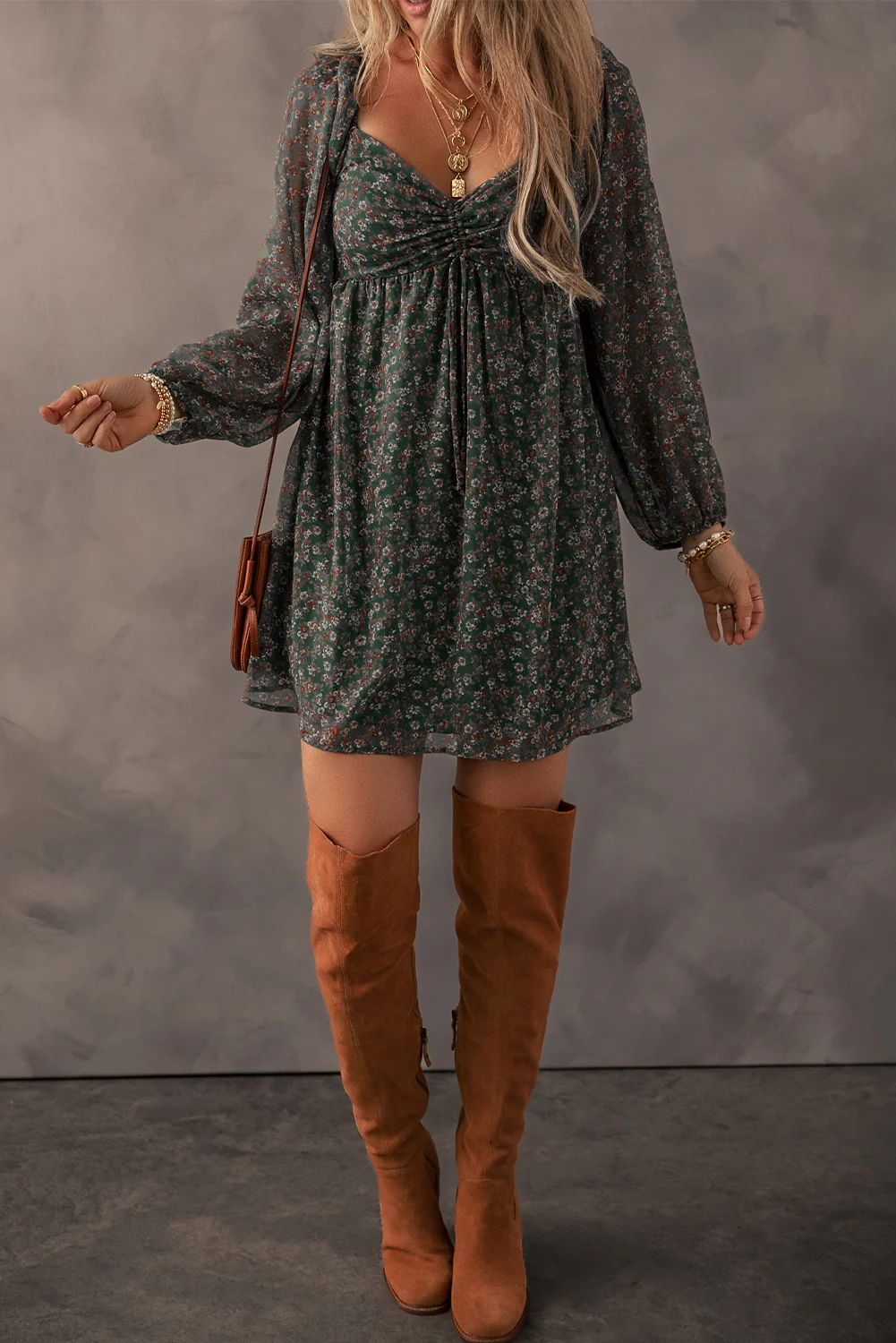 🌸 Ruched Printed Long Sleeve Mini Dress 🌸