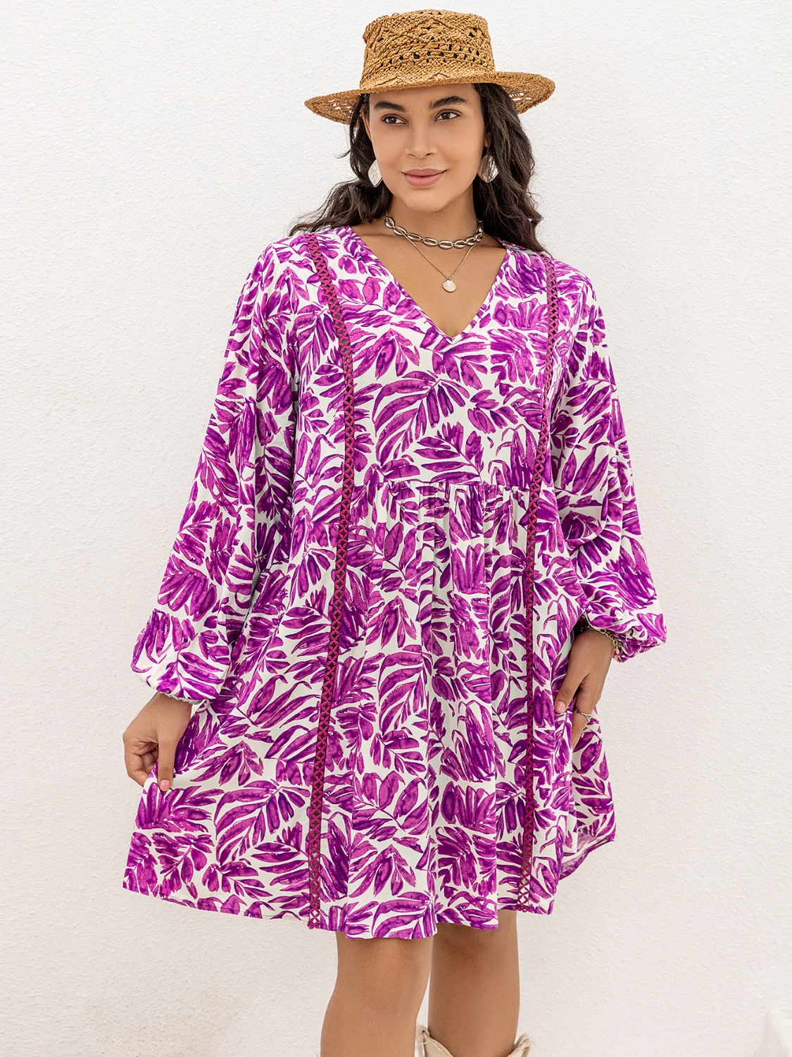 🌼 Plus Size Printed V-Neck Balloon Sleeve Mini Dress 🌼