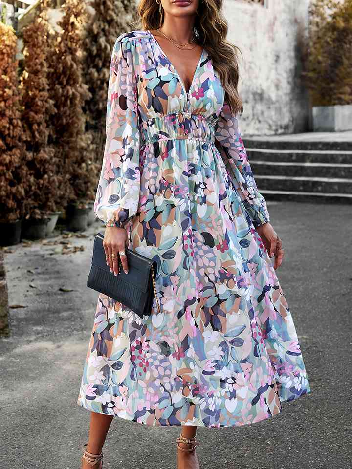 🌸 Printed V-Neck Long Sleeve Midi Dress 🌸