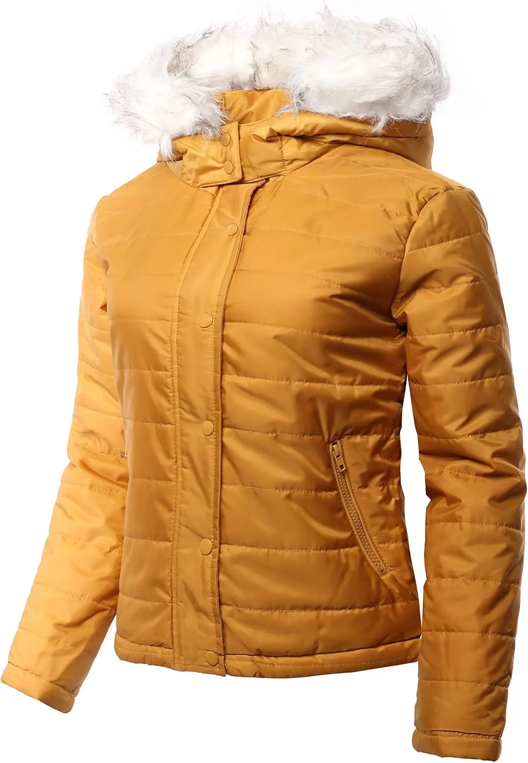 Women's Lightweight Faux Fur Hoodie High Neck Puffer Outerwear Jacket