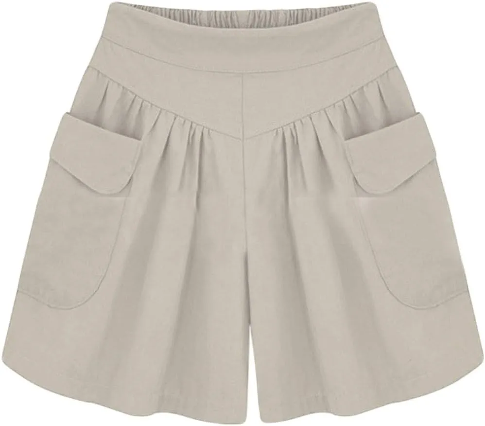 Women's Casual Summer Elastic Waist Wide Leg Beach Shorts Culottes with Pockets