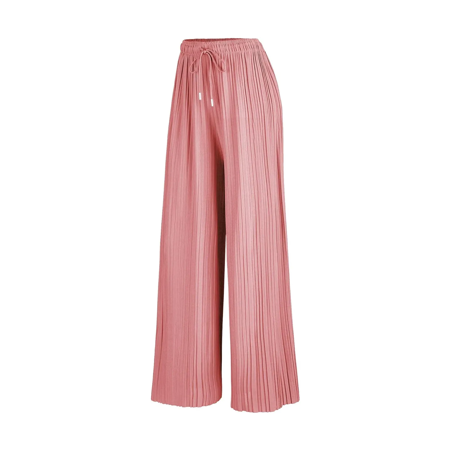 Womens Pleated Wide Leg Palazzo Maxi Pants with Drawstring or Elastic Band