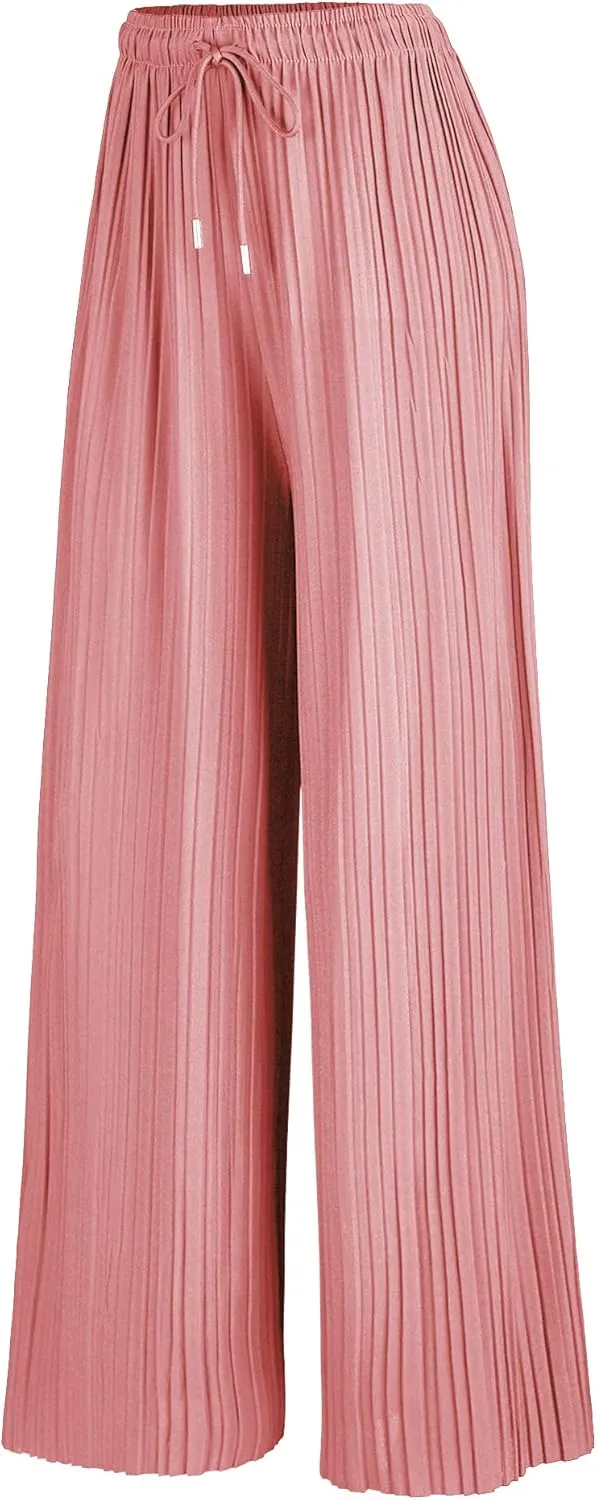 Womens Pleated Wide Leg Palazzo Maxi Pants with Drawstring or Elastic Band
