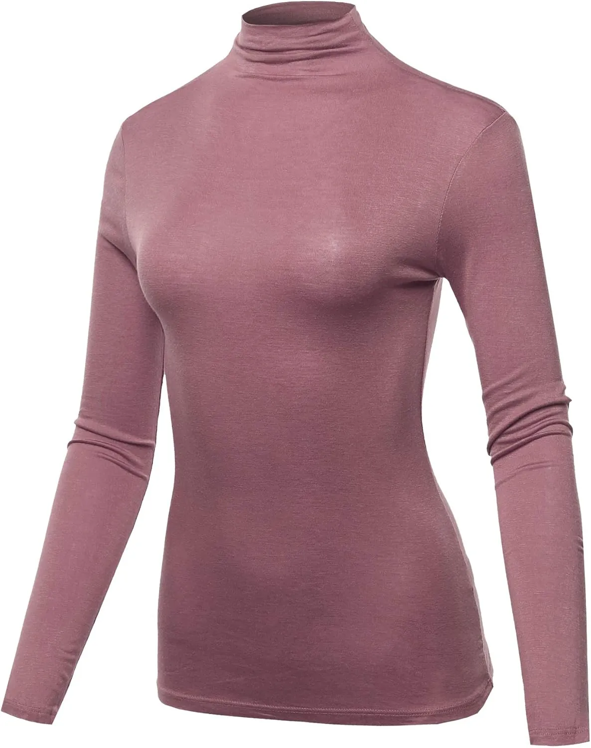 Women's Basic Solid Long Sleeve Turtle Neck Fitted Rayon Top Shirt