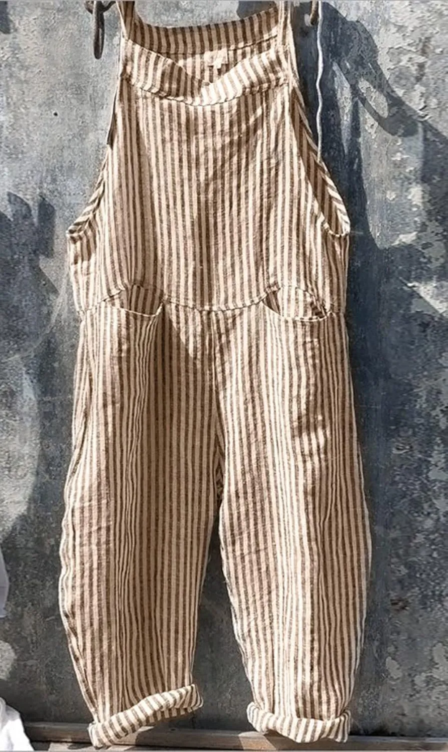 Women Oversized Summer Casual Stripes Cargo Jumpsuit Wide Leg Bib Overall Pants Plaid Dungarees (Small,Yellow stripe)