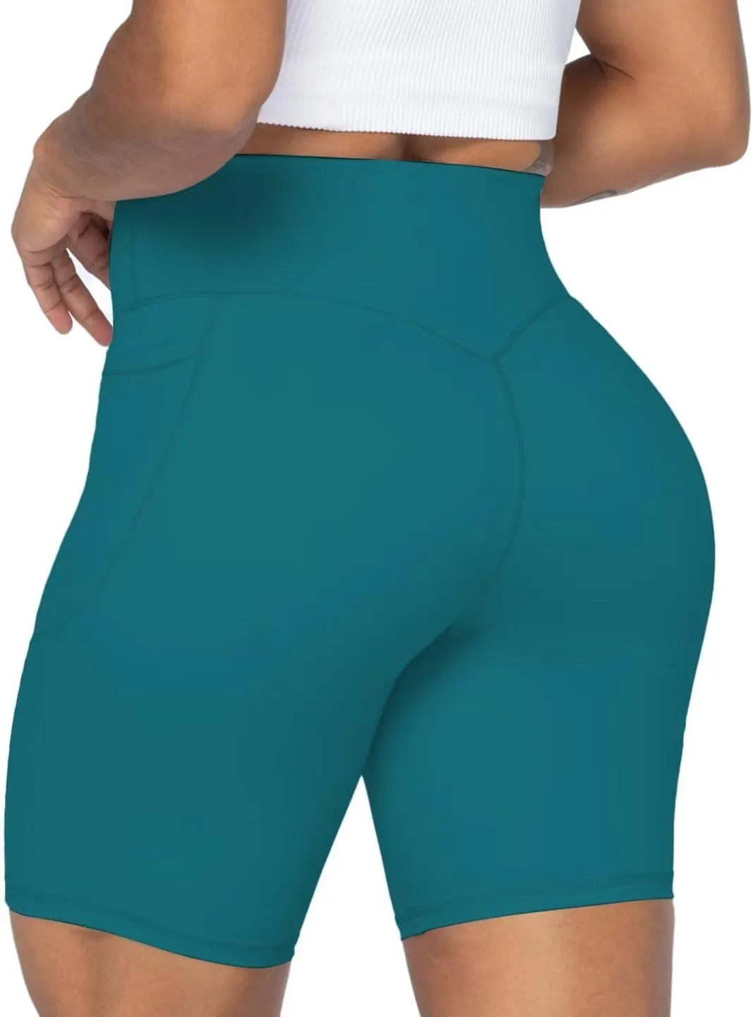 No Front Seam Biker Shorts for Women with Pockets, Yoga Workout Gym Bike Shorts with Tummy Control