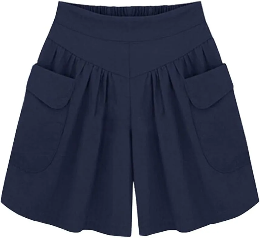 Women's Casual Summer Elastic Waist Wide Leg Beach Shorts Culottes with Pockets