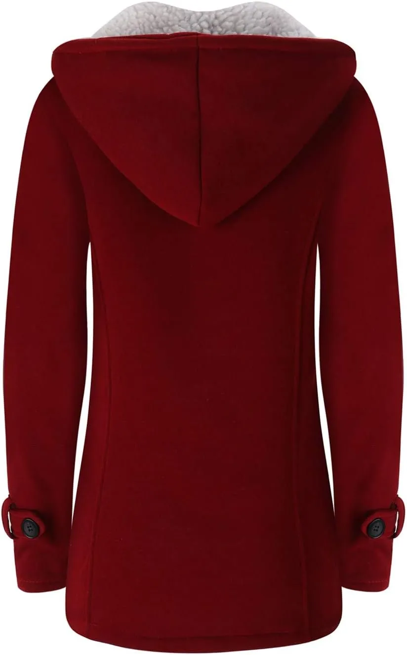 Womens Fashion Horn Button Fleece Thicken Coat with Hood Winter Warm Jacket