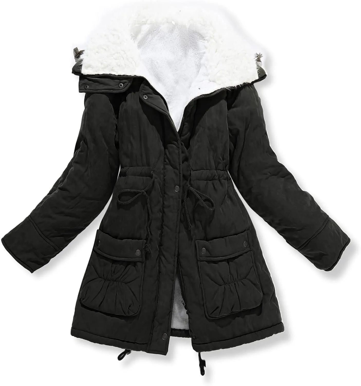 Women's Winter Mid Length Thick Warm Faux Lamb Wool Lined Jacket Coat