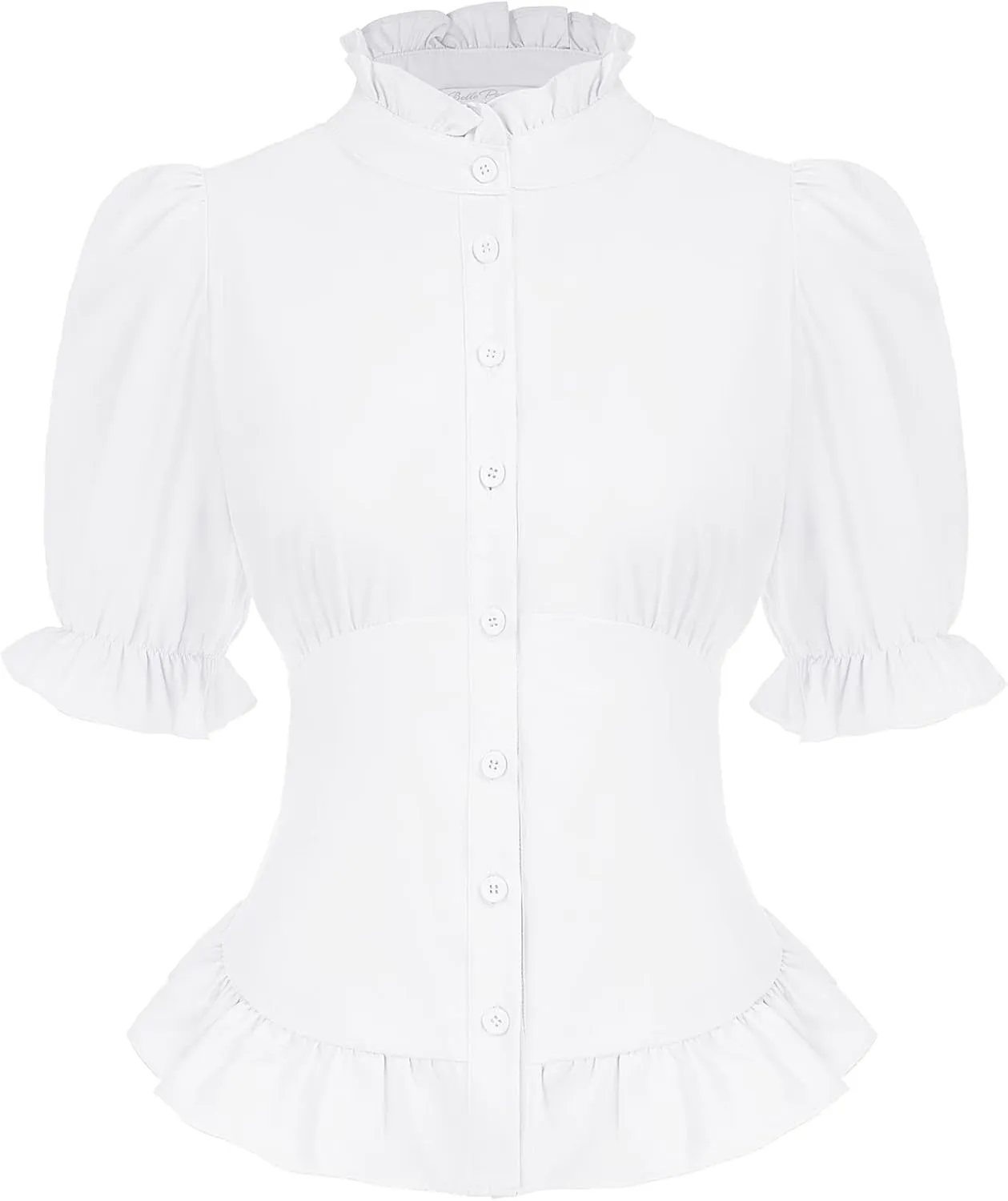 Womens Vintage Victorian Puff Sleeve Blouse Button Down Ruffle Dressy Shirts Tops
